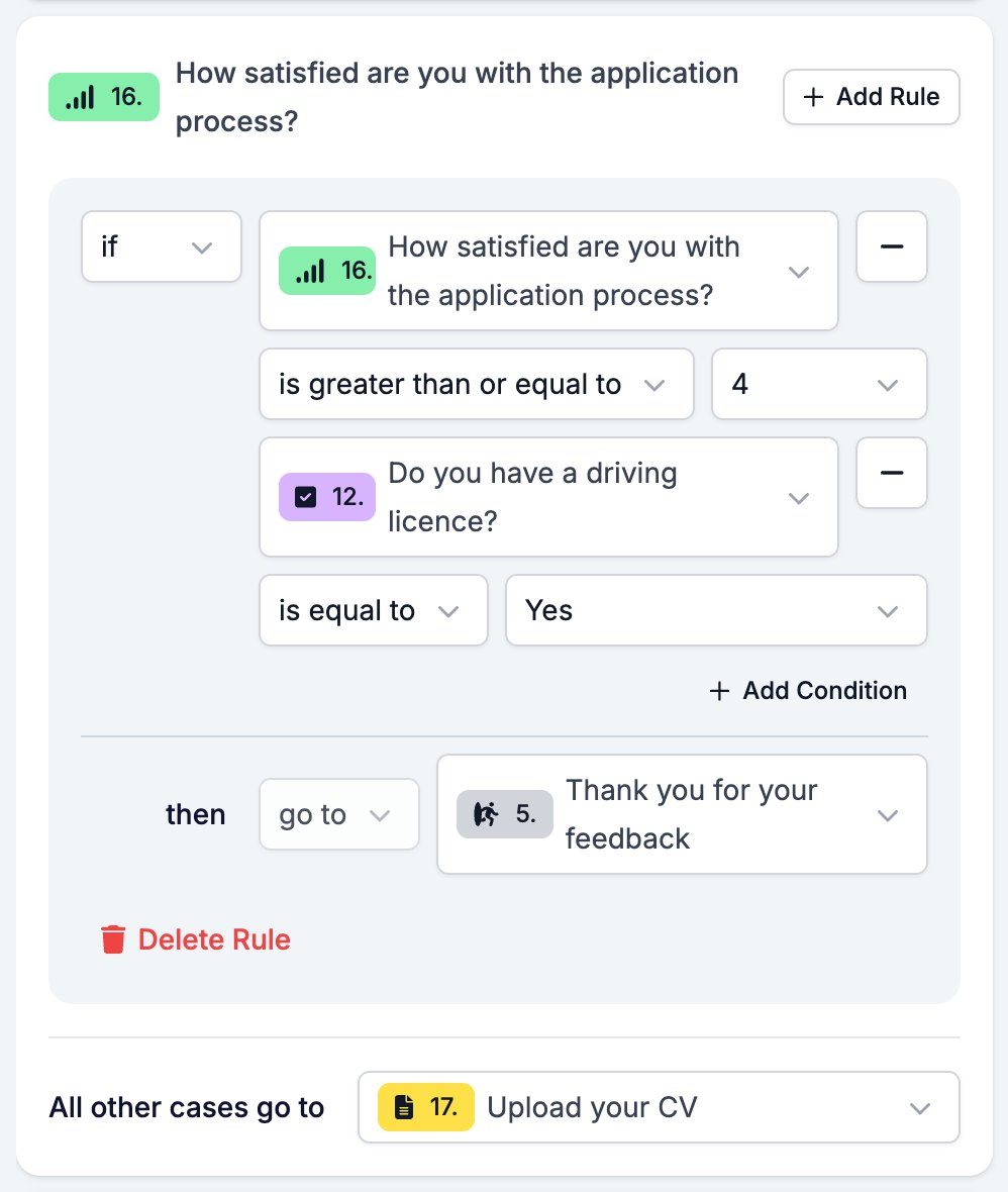 A rule with two conditions: the satisfaction rating is 4 or more and the driving licence answer is Yes, then go to the ending