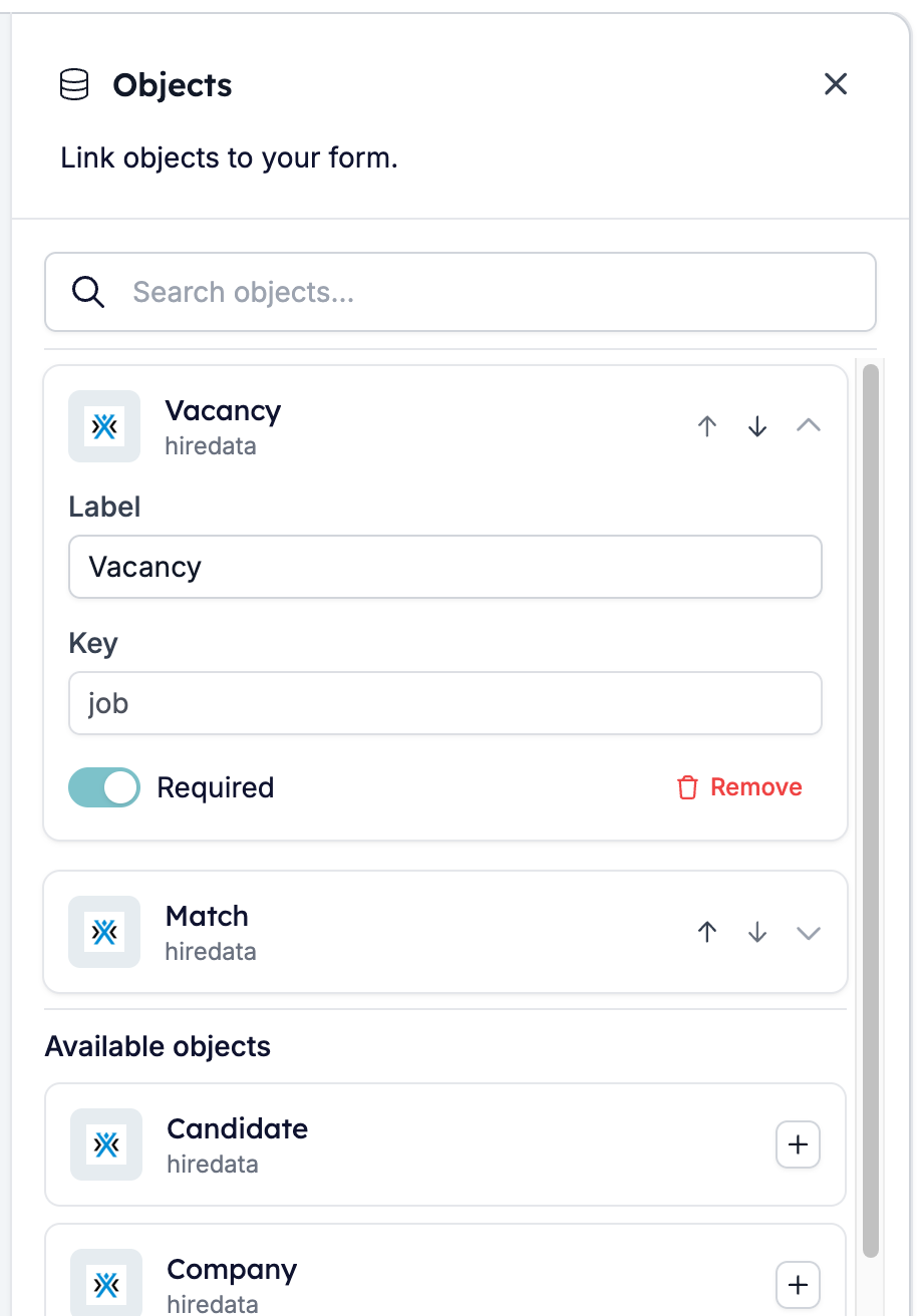 The Objects panel with Vacancy expanded to its Label, Key, Required, and Remove controls, Match below it, and the Available objects list underneath