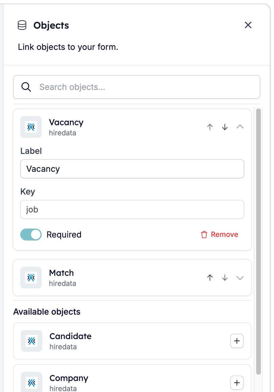 The Objects panel with Vacancy expanded to its Label, Key, Required, and Remove controls, Match below it, and the Available objects list underneath
