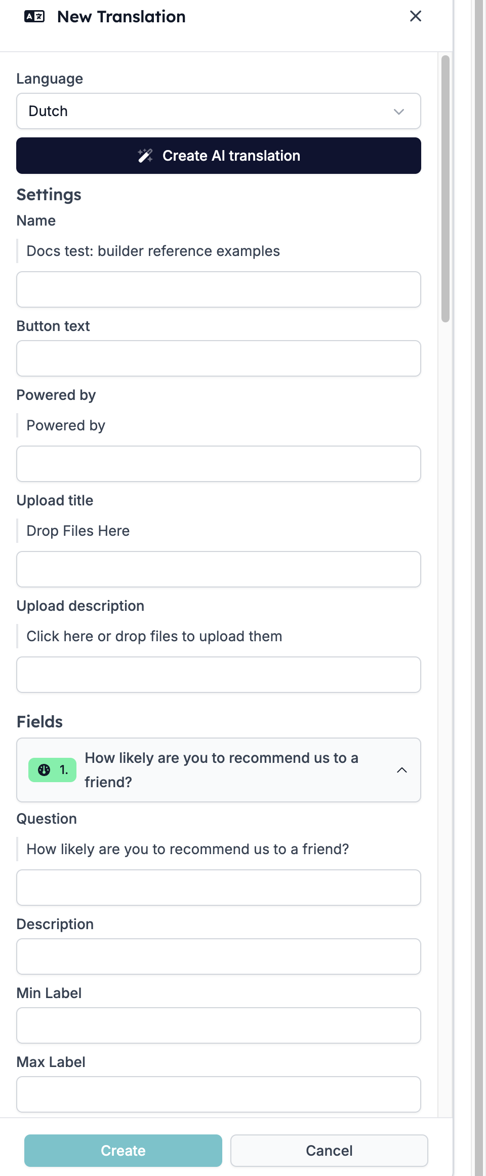 The New Translation panel with Dutch selected, the Create AI translation button, the Settings group, and the first field expanded to Question, Description, Min Label, and Max Label