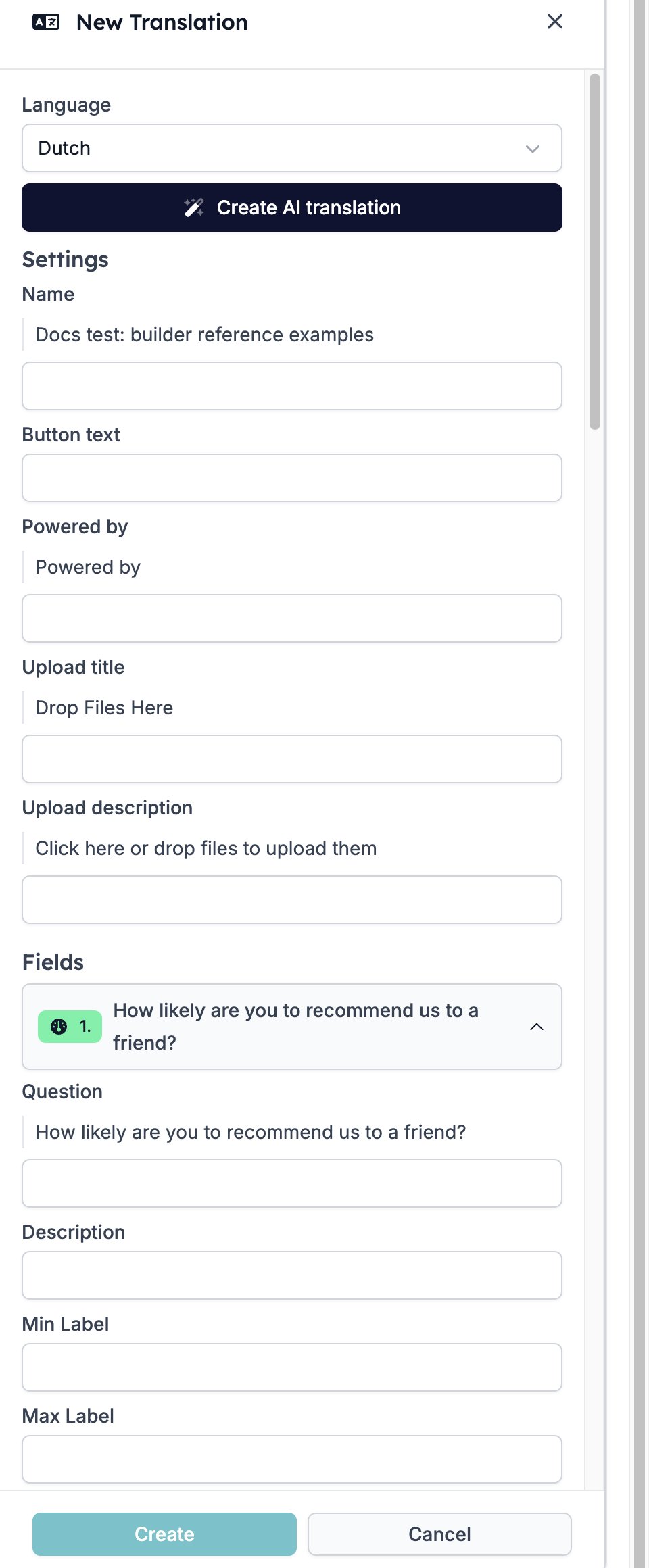 The New Translation panel with Dutch selected, the Create AI translation button, the Settings group, and the first field expanded to Question, Description, Min Label, and Max Label