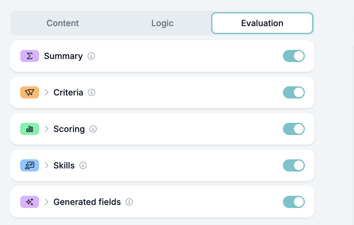 The Evaluation tab with Summary, Criteria, Scoring, Skills, and Generated fields all switched on