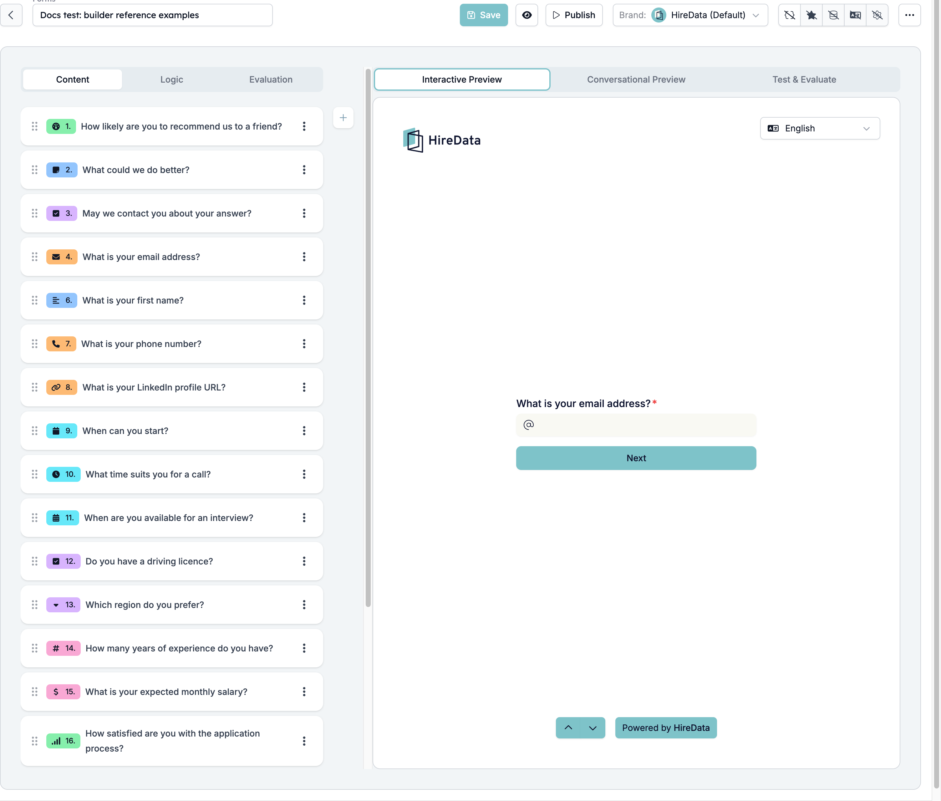 The form builder: the form name and toolbar across the top, the Content, Logic, and Evaluation tabs with the field list on the left, and the Interactive Preview on the right