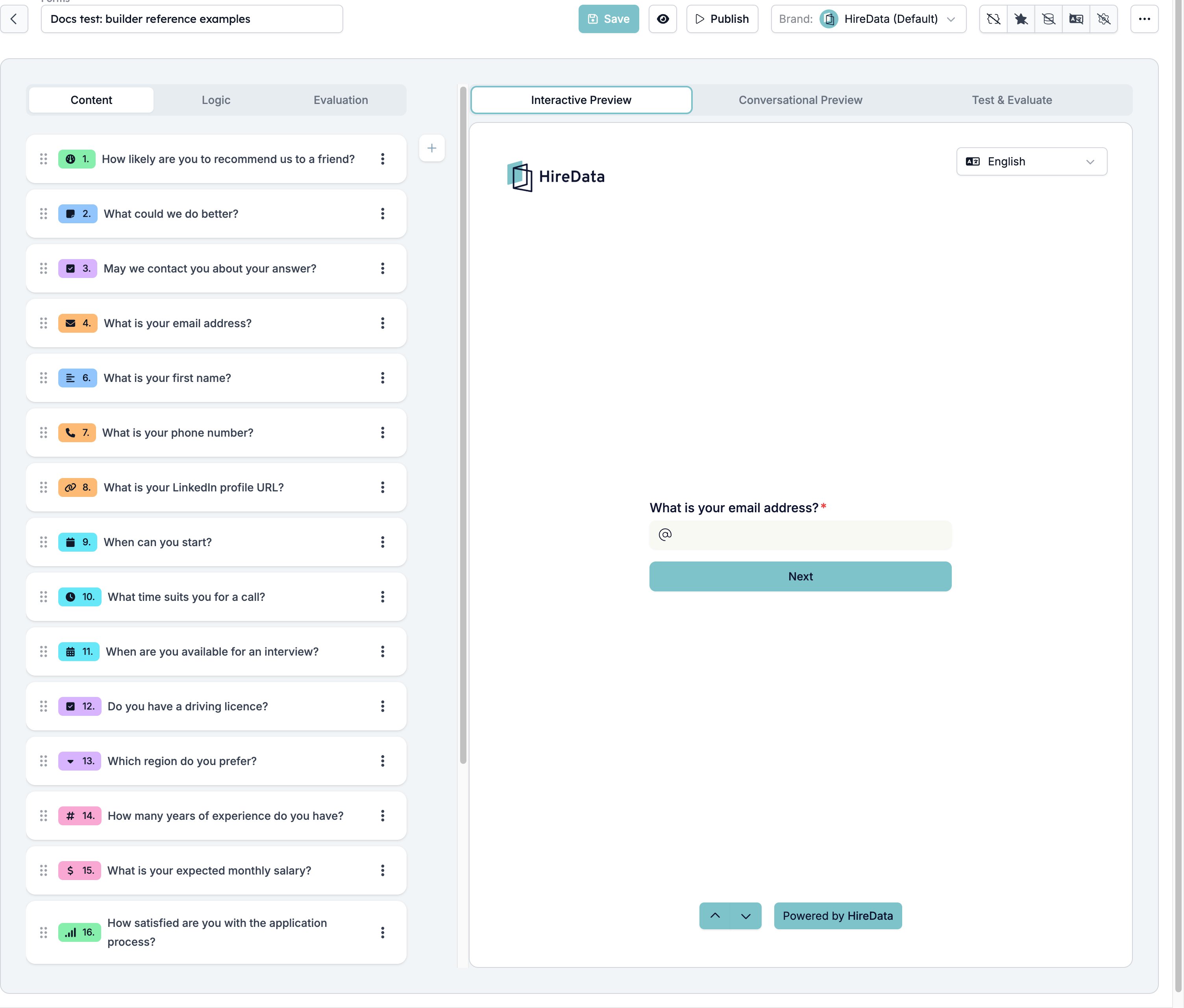 The form builder: the form name and toolbar across the top, the Content, Logic, and Evaluation tabs with the field list on the left, and the Interactive Preview on the right