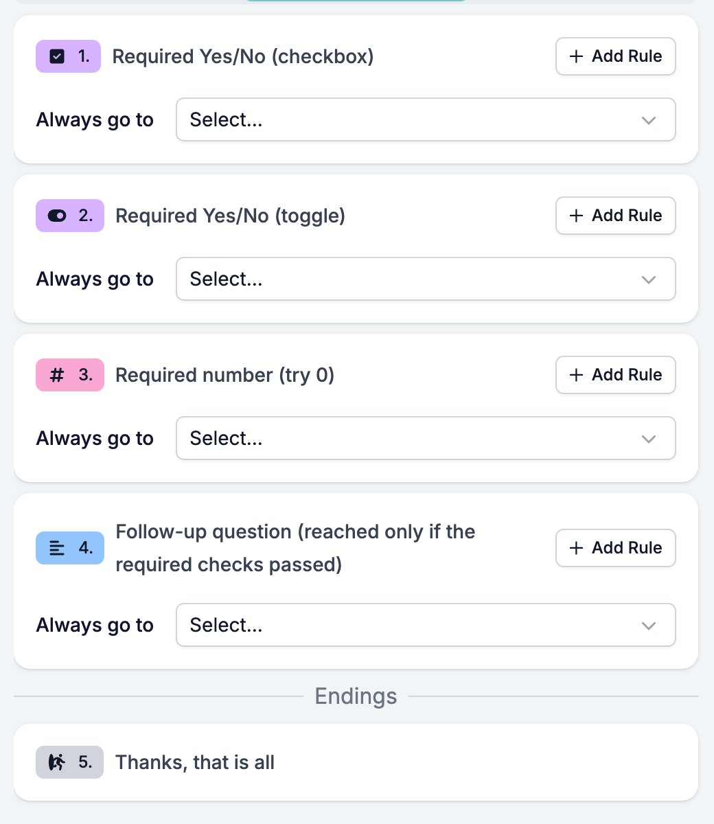 The Logic tab listing four questions, each with an Add Rule button and an Always go to target, then the Endings divider and an ending with neither