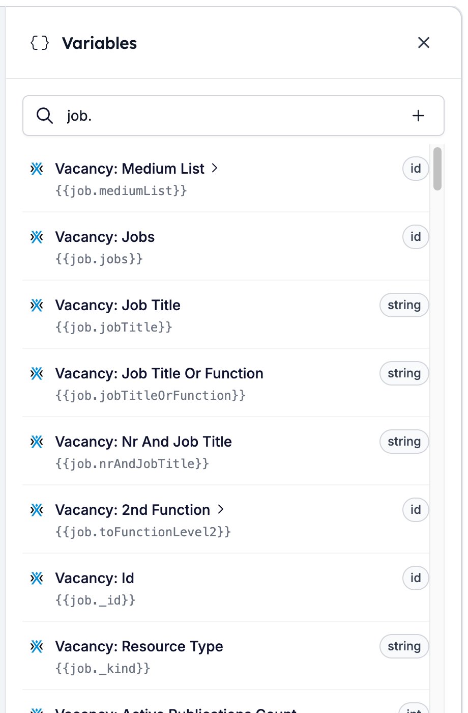 The Variables drawer filtered to the job key, listing Vacancy: Job Title and the other fields of the linked vacancy with their variable names