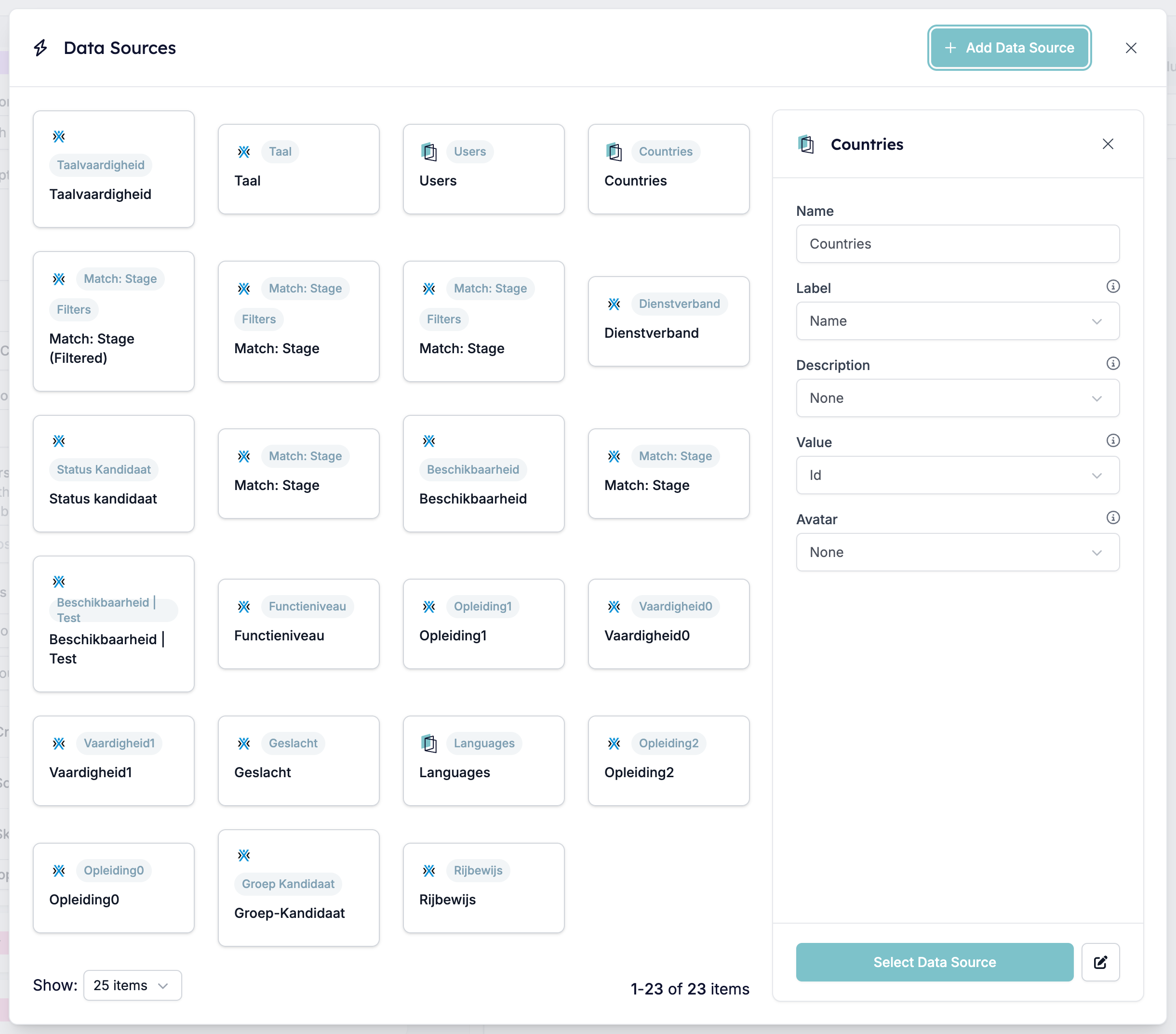 The Data Sources window listing the workspace's saved lists, with Countries selected and its Name, Label, Description, Value, and Avatar shown beside the Select Data Source button