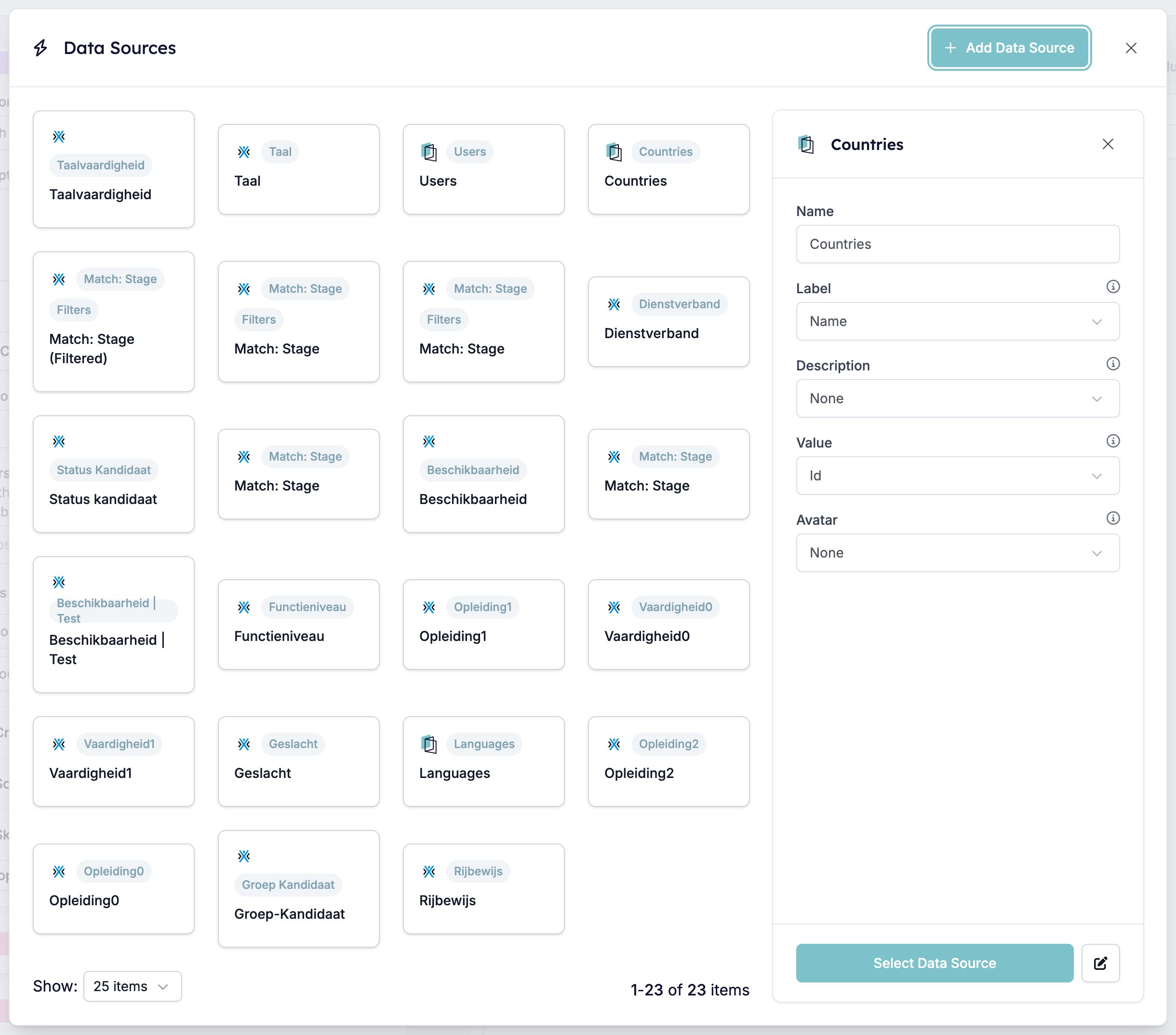 The Data Sources window listing the workspace's saved lists, with Countries selected and its Name, Label, Description, Value, and Avatar shown beside the Select Data Source button