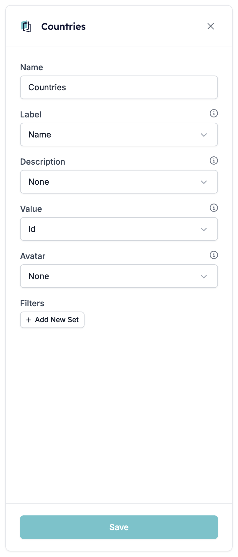 The Countries data source open for editing, with Name, Label, Description, Value, Avatar, the Filters section, and a Save button