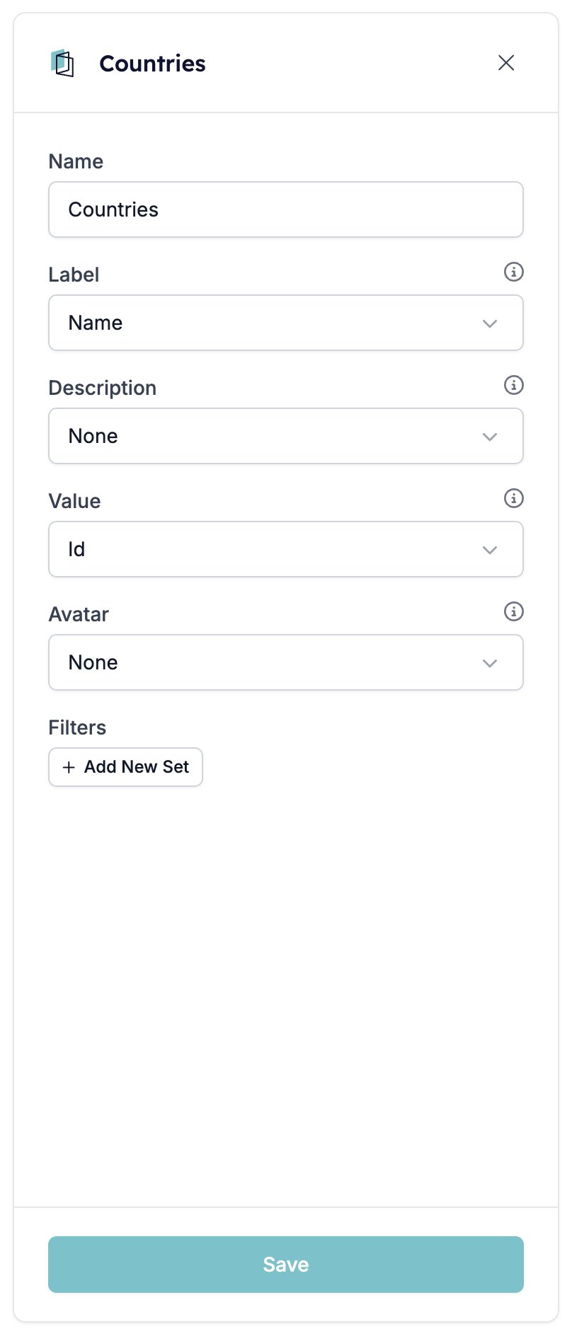 The Countries data source open for editing, with Name, Label, Description, Value, Avatar, the Filters section, and a Save button