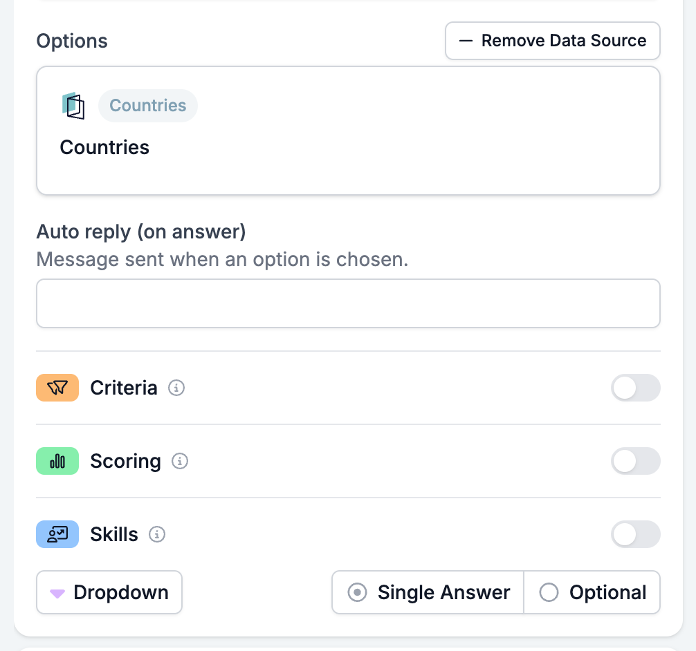 The Options section of a Dropdown card with a data source attached, showing Remove Data Source, the Countries source, and a single Auto reply (on answer)