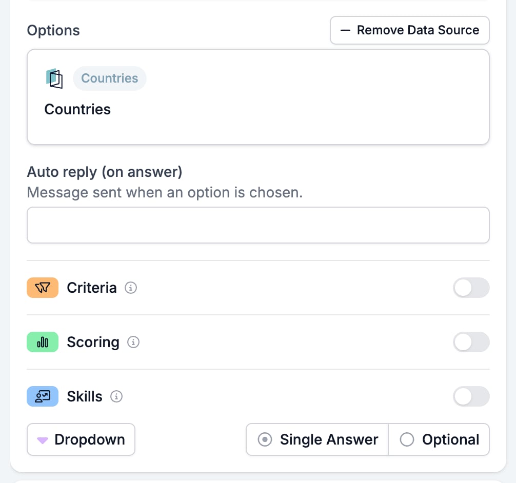 The Options section of a Dropdown card with a data source attached, showing Remove Data Source, the Countries source, and a single Auto reply (on answer)