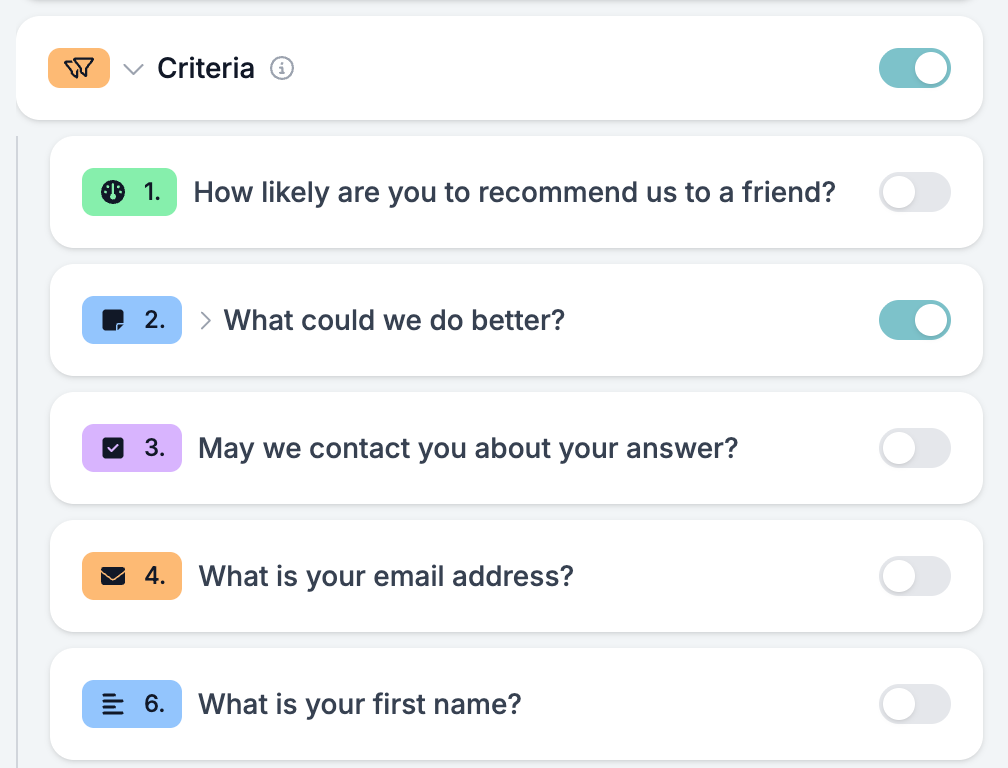 The Criteria block open, listing the form's questions with a switch each and one question switched on