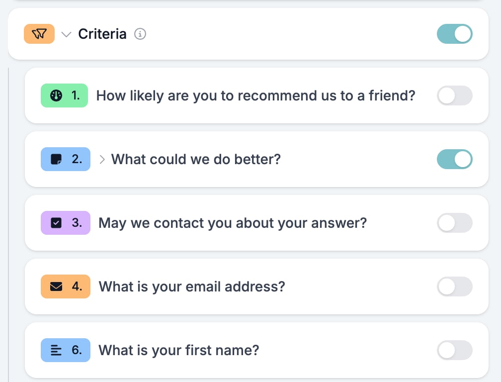 The Criteria block open, listing the form's questions with a switch each and one question switched on