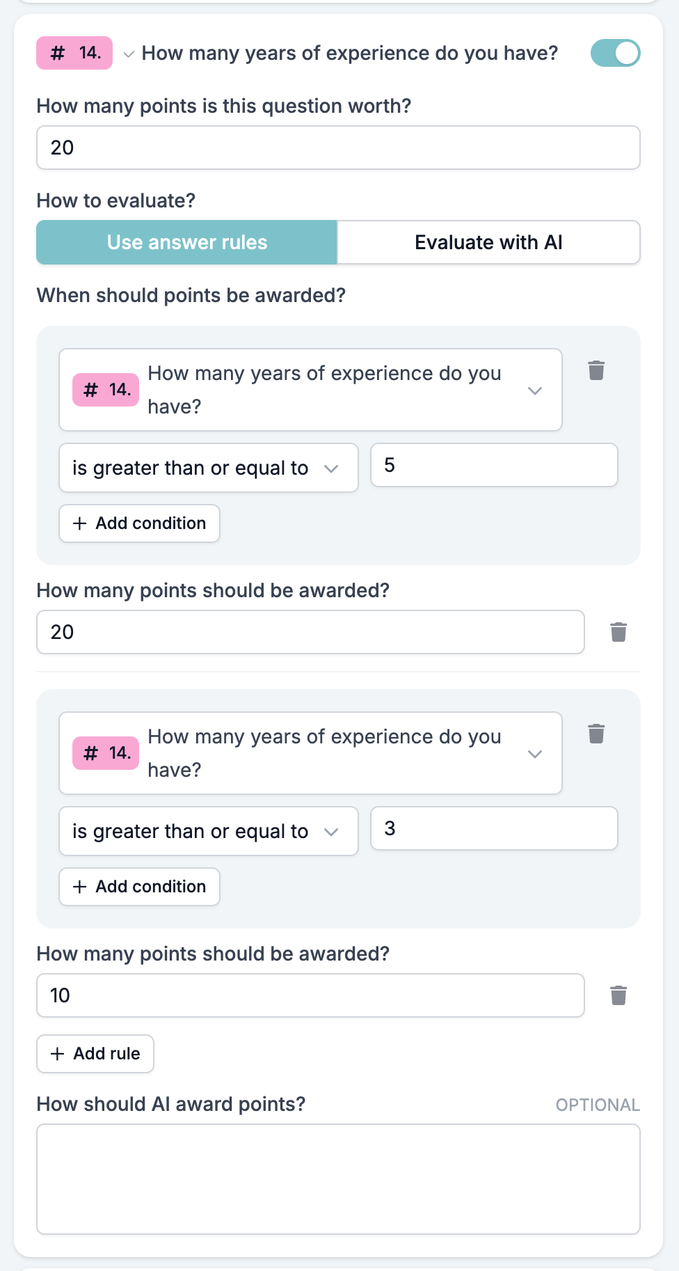 A number question in the Scoring block, worth 20 points, with a rule awarding 20 points for five years or more and a second awarding 10 for three or more