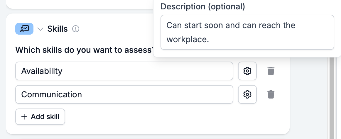 The Skills block open with two skills, Availability and Communication, and the description popup open on the first