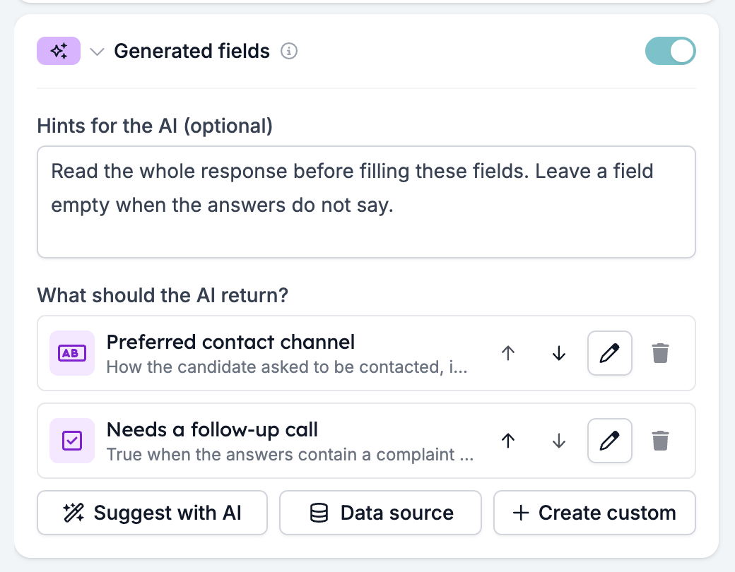 The Generated fields block open, with hints for the AI, two output fields, and the Suggest with AI, Data source, and Create custom buttons