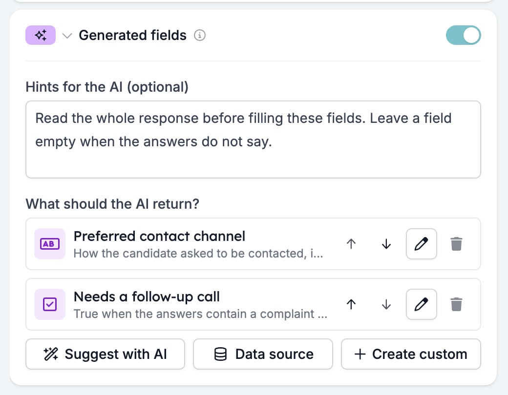 The Generated fields block open, with hints for the AI, two output fields, and the Suggest with AI, Data source, and Create custom buttons