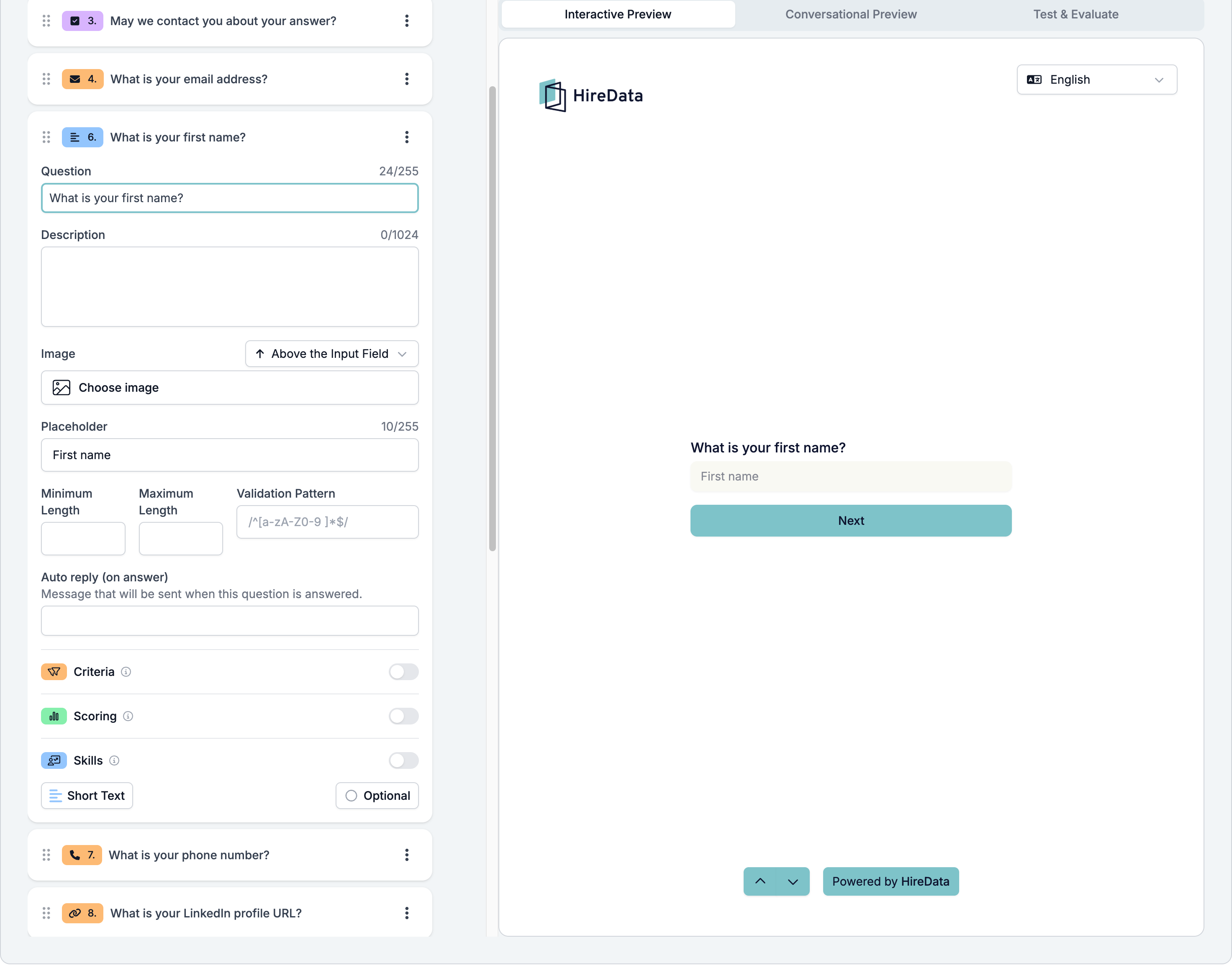 A Short Text field card showing Question, Description, Image, Placeholder, Minimum Length, Maximum Length, Validation Pattern, the auto reply, the three evaluator switches, and a footer reading Short Text and Optional