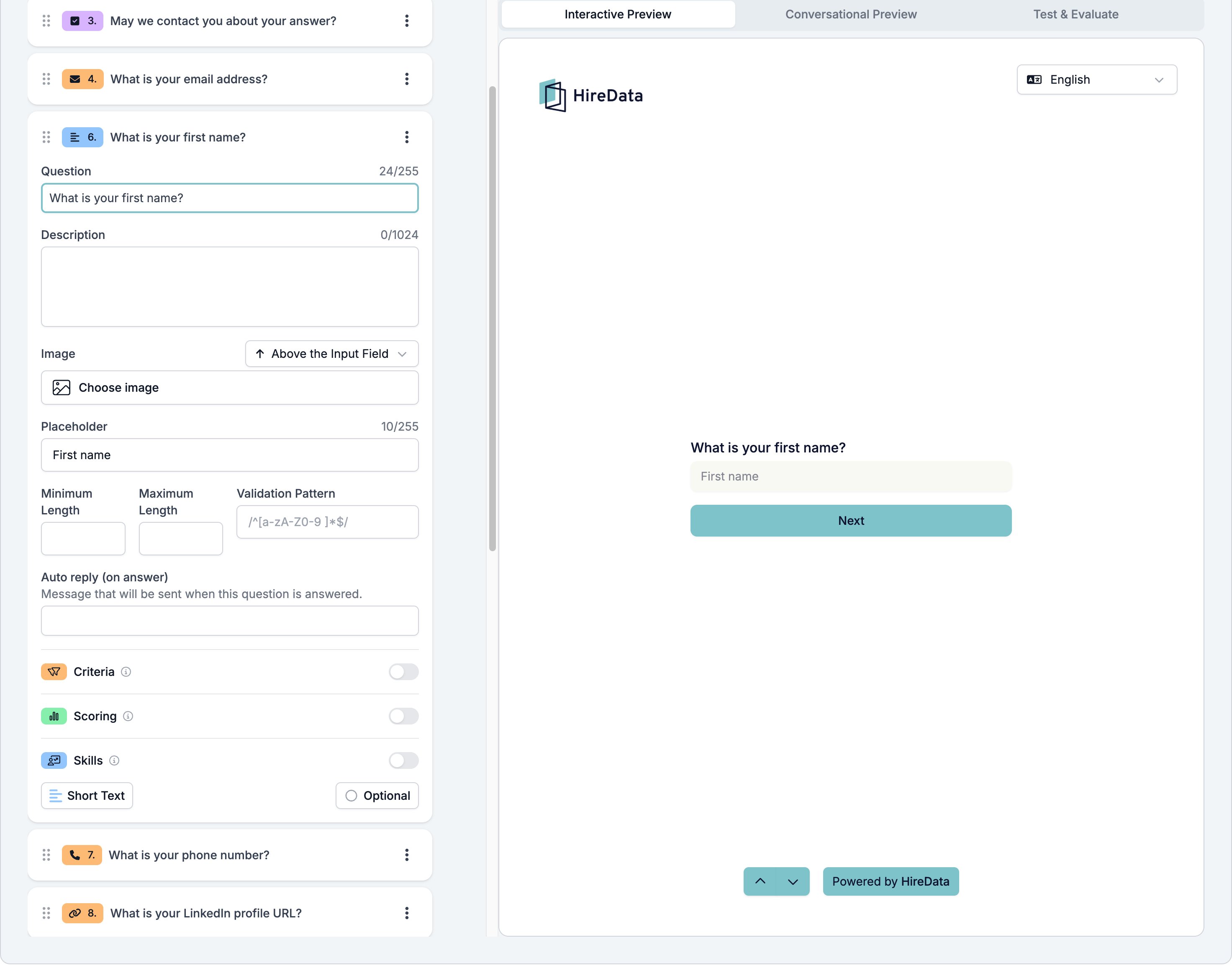 A Short Text field card showing Question, Description, Image, Placeholder, Minimum Length, Maximum Length, Validation Pattern, the auto reply, the three evaluator switches, and a footer reading Short Text and Optional