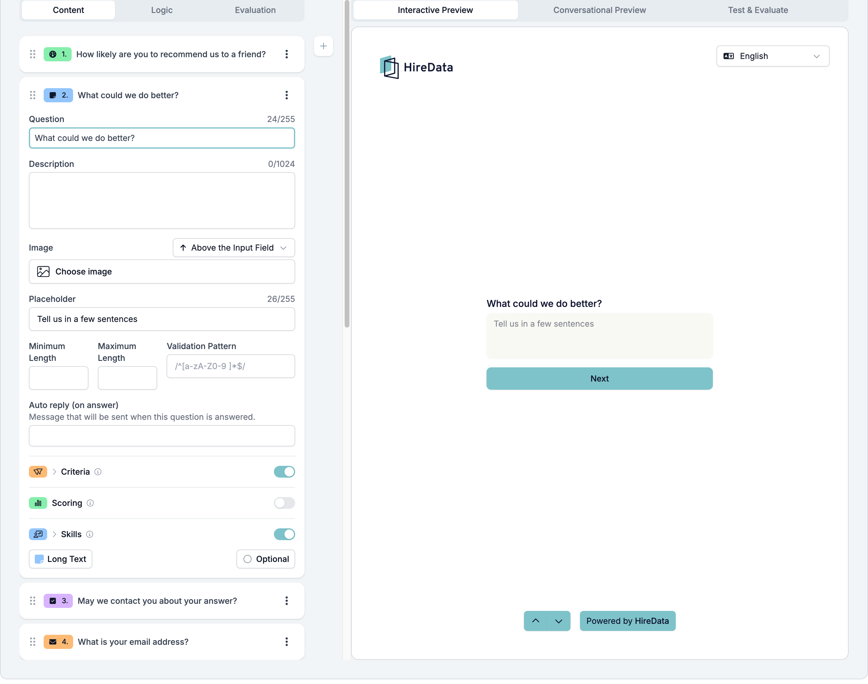 A Long Text field card with Criteria and Skills switched on and a footer reading Long Text and Optional, beside a preview showing a multi-line answer box