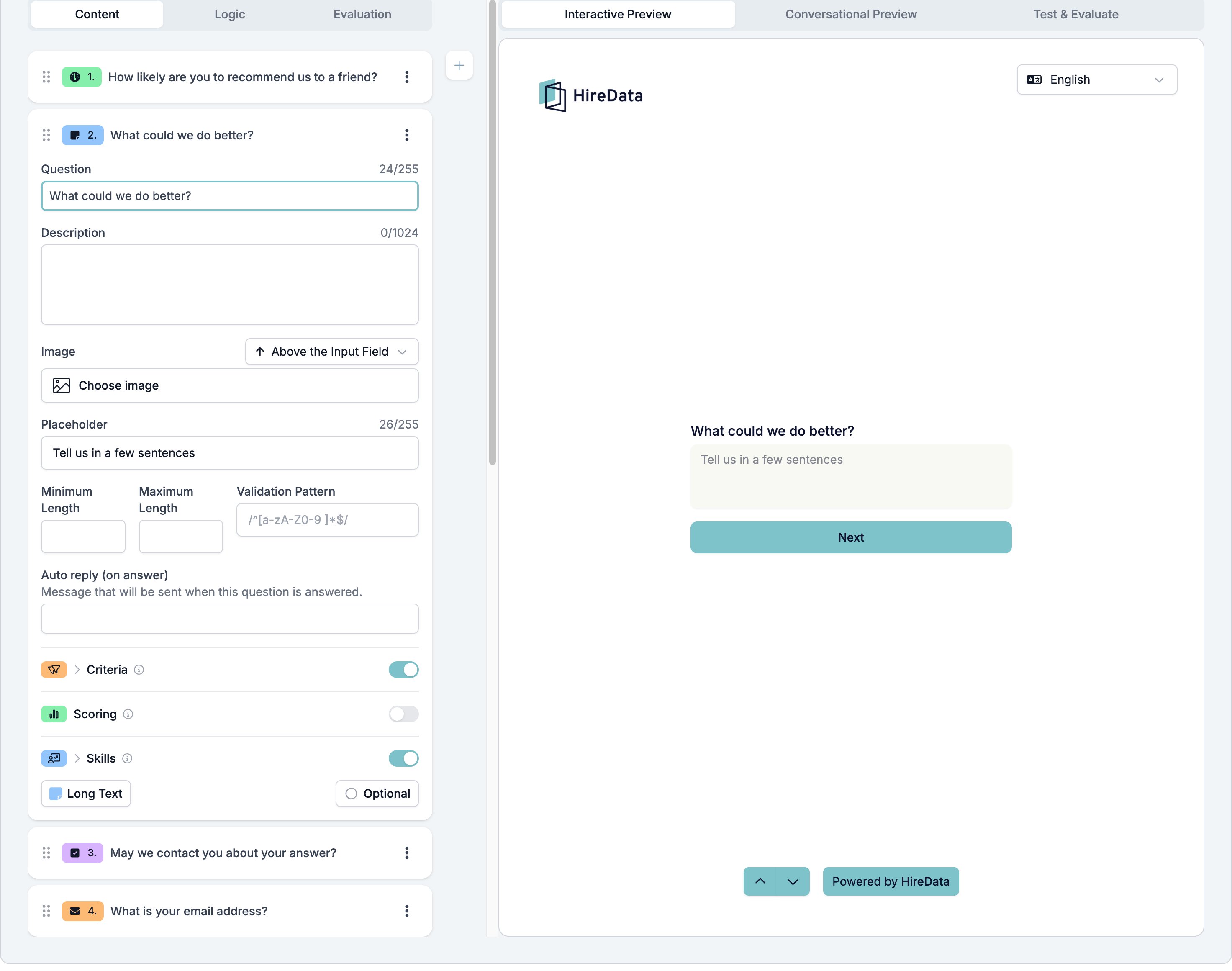 A Long Text field card with Criteria and Skills switched on and a footer reading Long Text and Optional, beside a preview showing a multi-line answer box