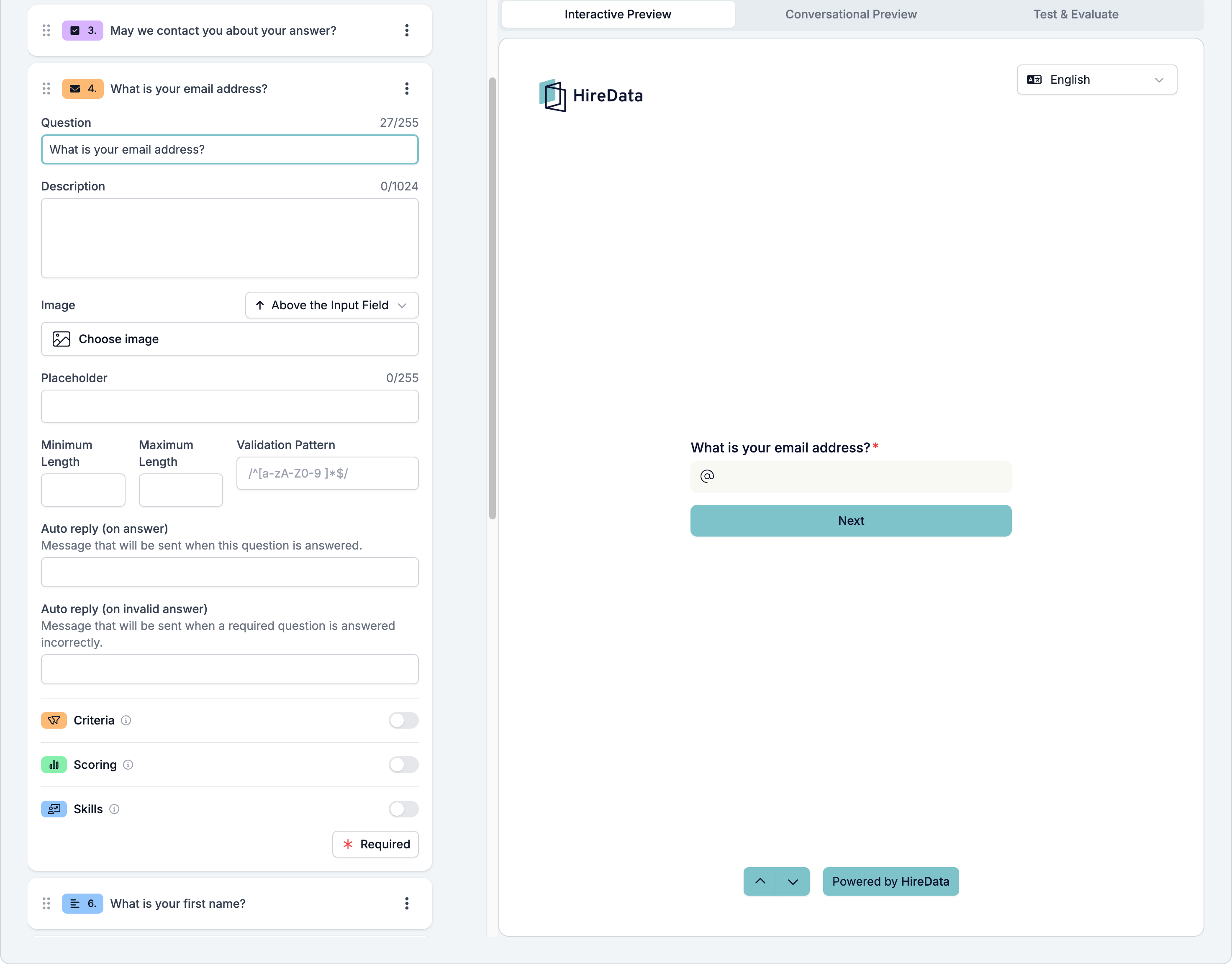 An Email field card showing Question, Description, Image, Placeholder, Minimum Length, Maximum Length, Validation Pattern, both auto replies, the three evaluator switches, and a footer reading Required, beside a preview showing an answer box with an @ mark