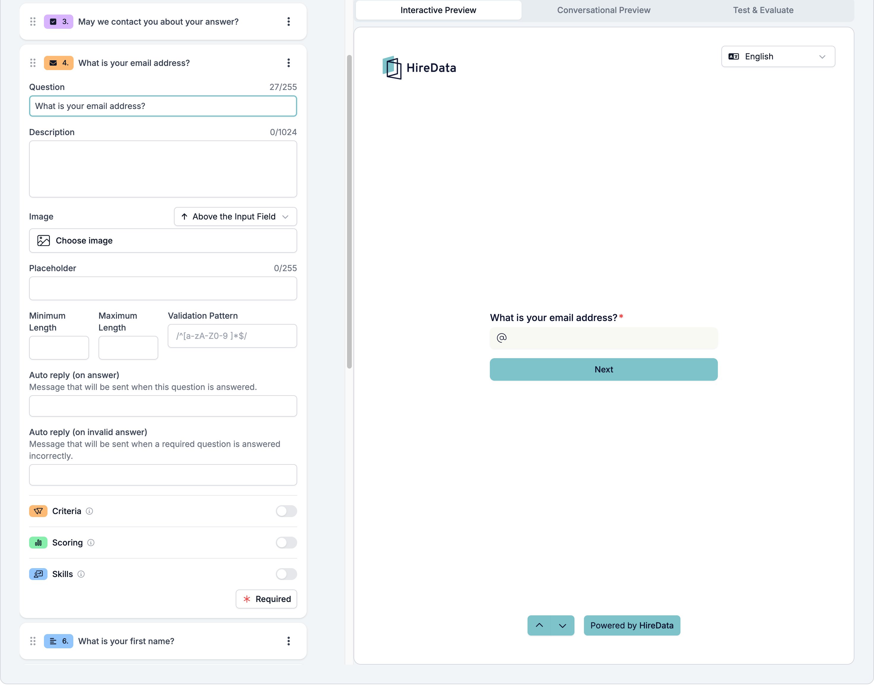 An Email field card showing Question, Description, Image, Placeholder, Minimum Length, Maximum Length, Validation Pattern, both auto replies, the three evaluator switches, and a footer reading Required, beside a preview showing an answer box with an @ mark