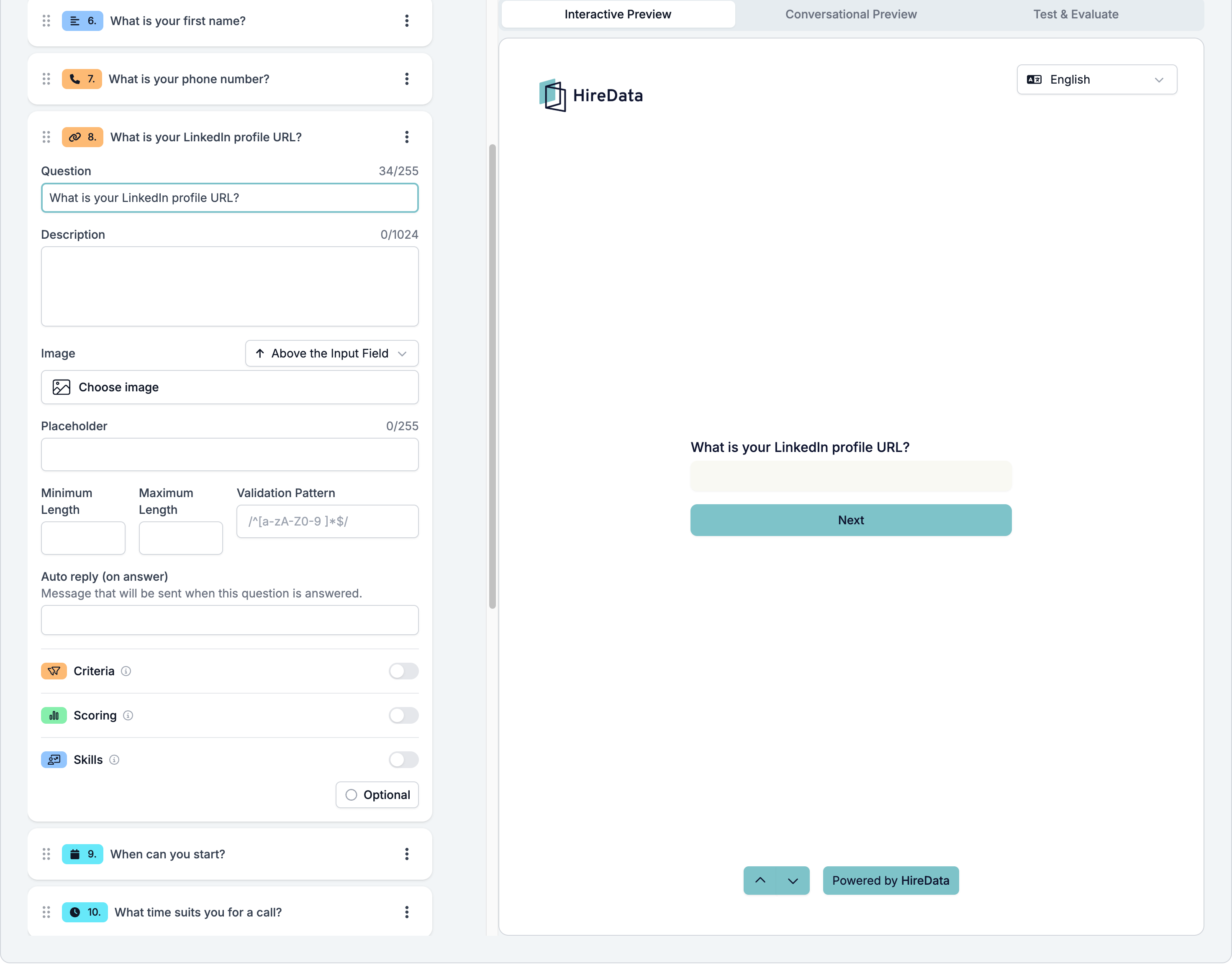 A Website field card showing Question, Description, Image, Placeholder, Minimum Length, Maximum Length, Validation Pattern, the auto reply, the three evaluator switches, and a footer reading Optional
