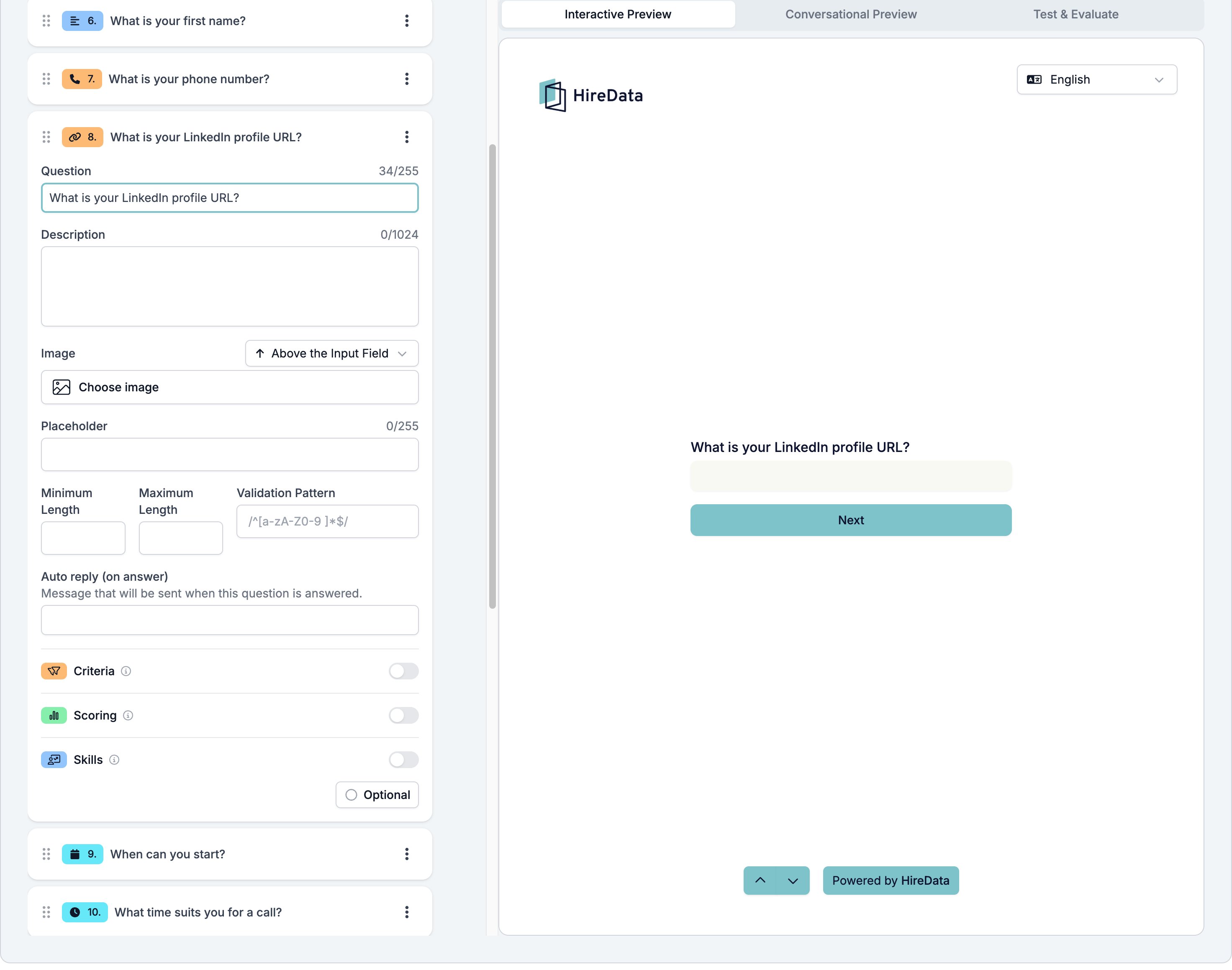 A Website field card showing Question, Description, Image, Placeholder, Minimum Length, Maximum Length, Validation Pattern, the auto reply, the three evaluator switches, and a footer reading Optional