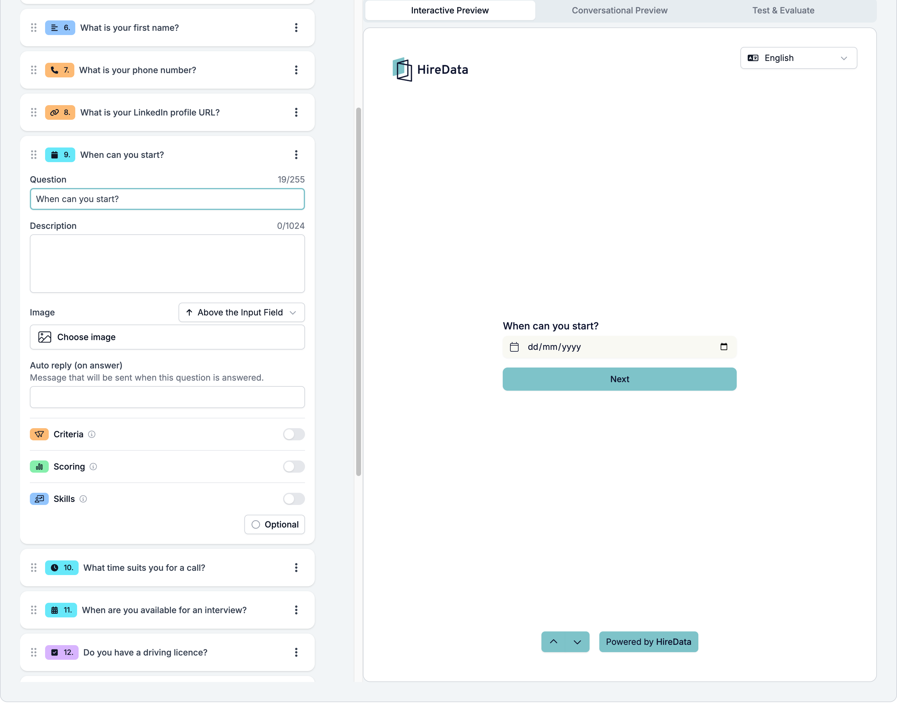 A Date field card showing Question, Description, Image, the auto reply, the three evaluator switches, and a footer reading Optional, beside a preview showing a dd/mm/yyyy box with a calendar picker