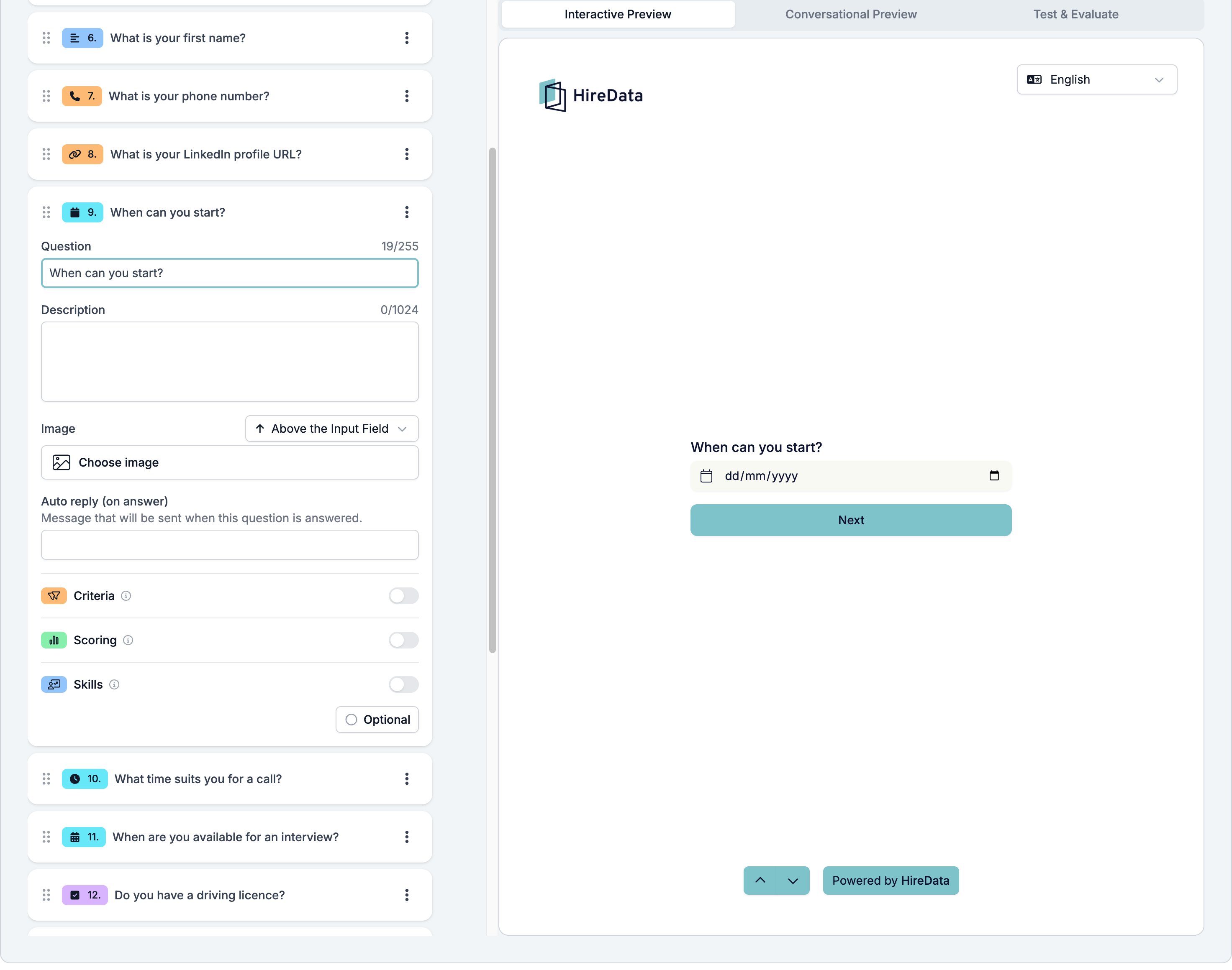 A Date field card showing Question, Description, Image, the auto reply, the three evaluator switches, and a footer reading Optional, beside a preview showing a dd/mm/yyyy box with a calendar picker