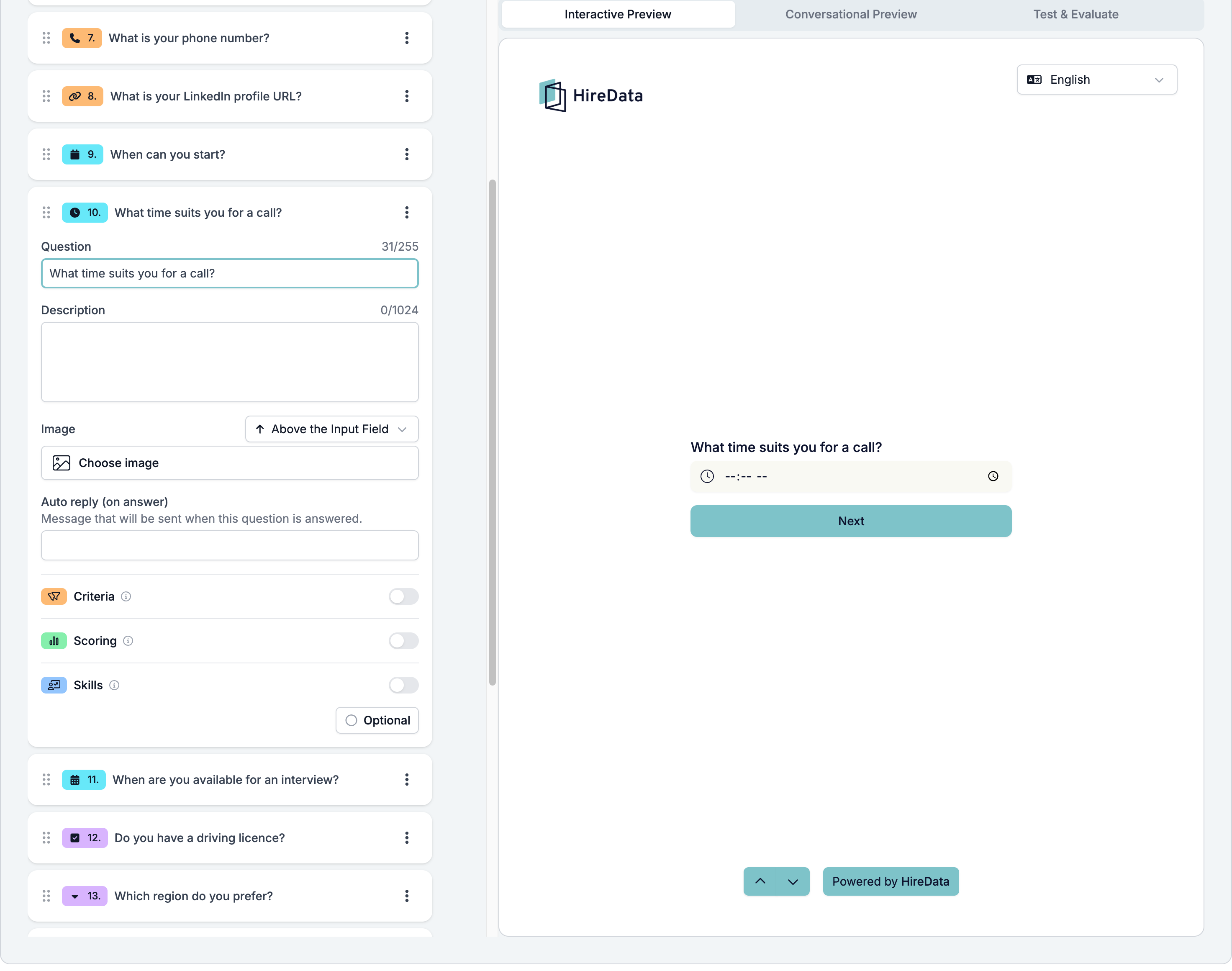 A Time field card showing Question, Description, Image, the auto reply, the three evaluator switches, and a footer reading Optional, beside a preview showing a time box with a clock picker