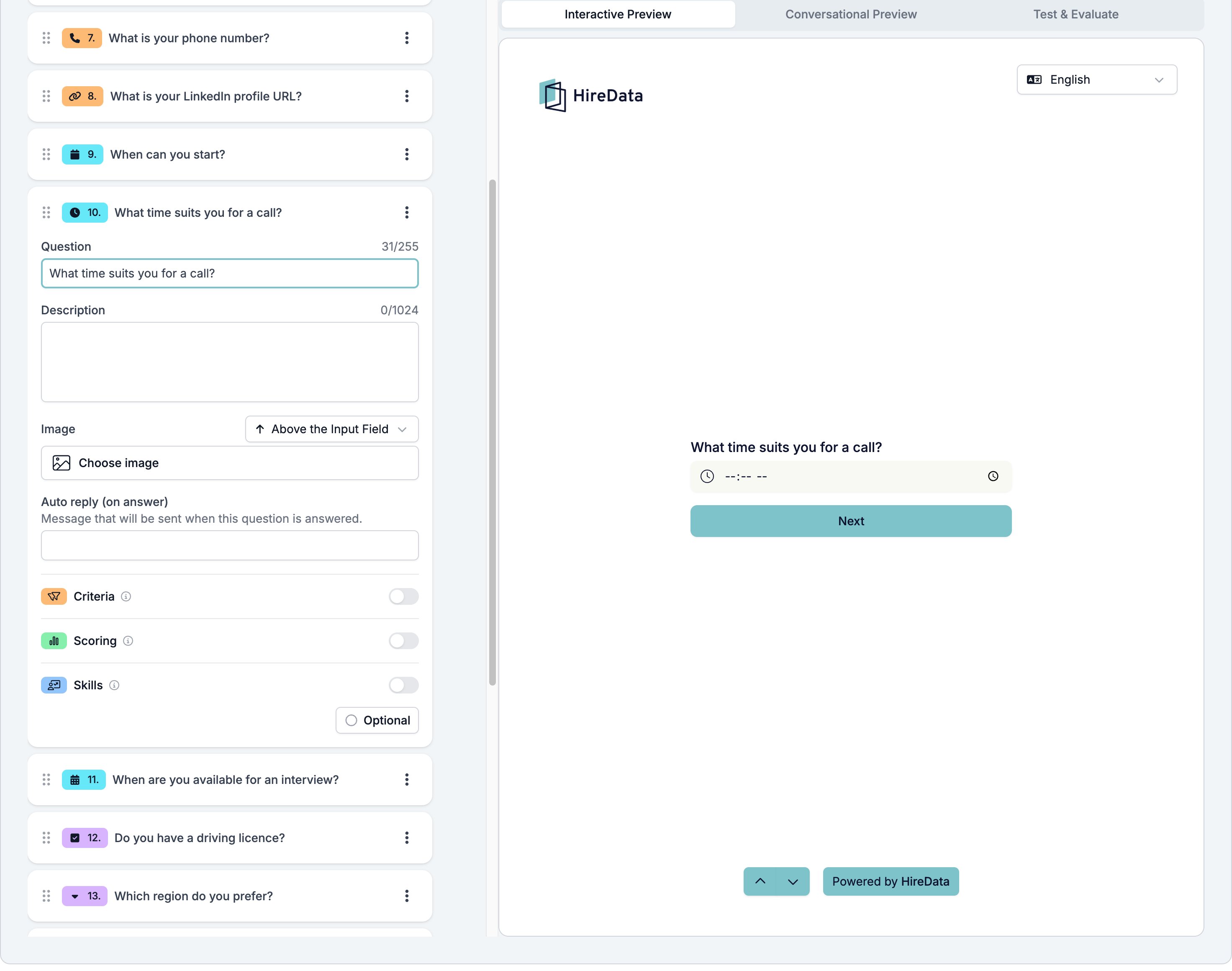 A Time field card showing Question, Description, Image, the auto reply, the three evaluator switches, and a footer reading Optional, beside a preview showing a time box with a clock picker