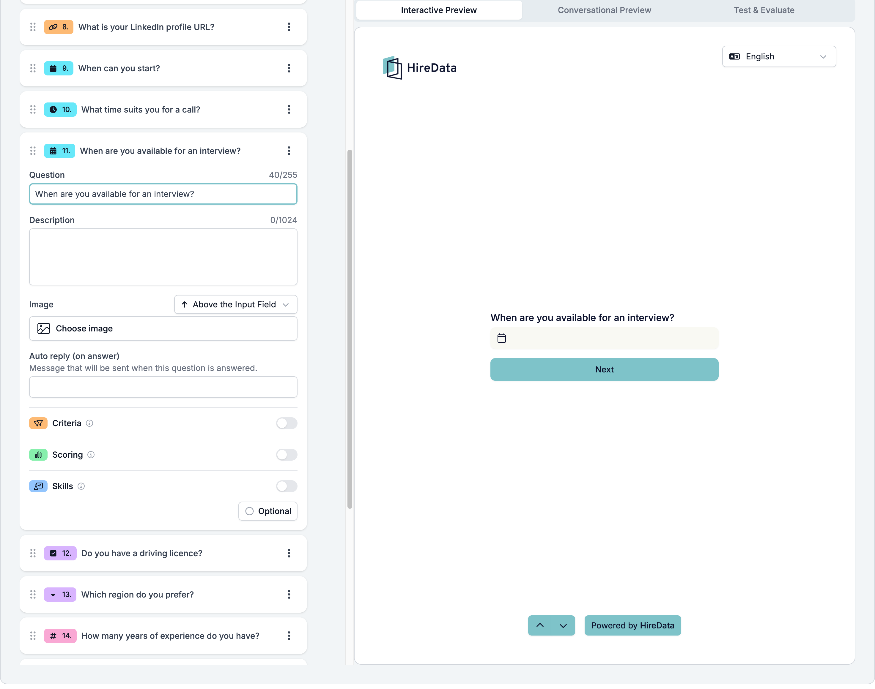 A Datetime field card showing Question, Description, Image, the auto reply, the three evaluator switches, and a footer reading Optional, beside a preview showing a combined date and time box