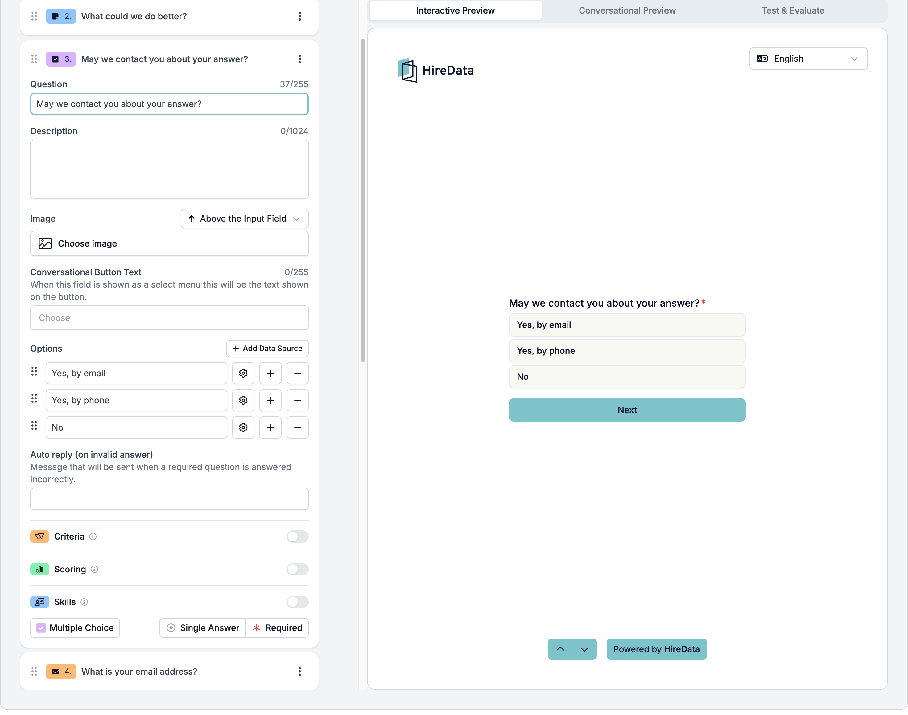 A Multiple Choice field card showing Question, Description, Image, Conversational Button Text, the Options list with Add Data Source, the auto reply on invalid answer, the three evaluator switches, and a footer reading Multiple Choice, Single Answer, and Required, beside a preview listing the three options