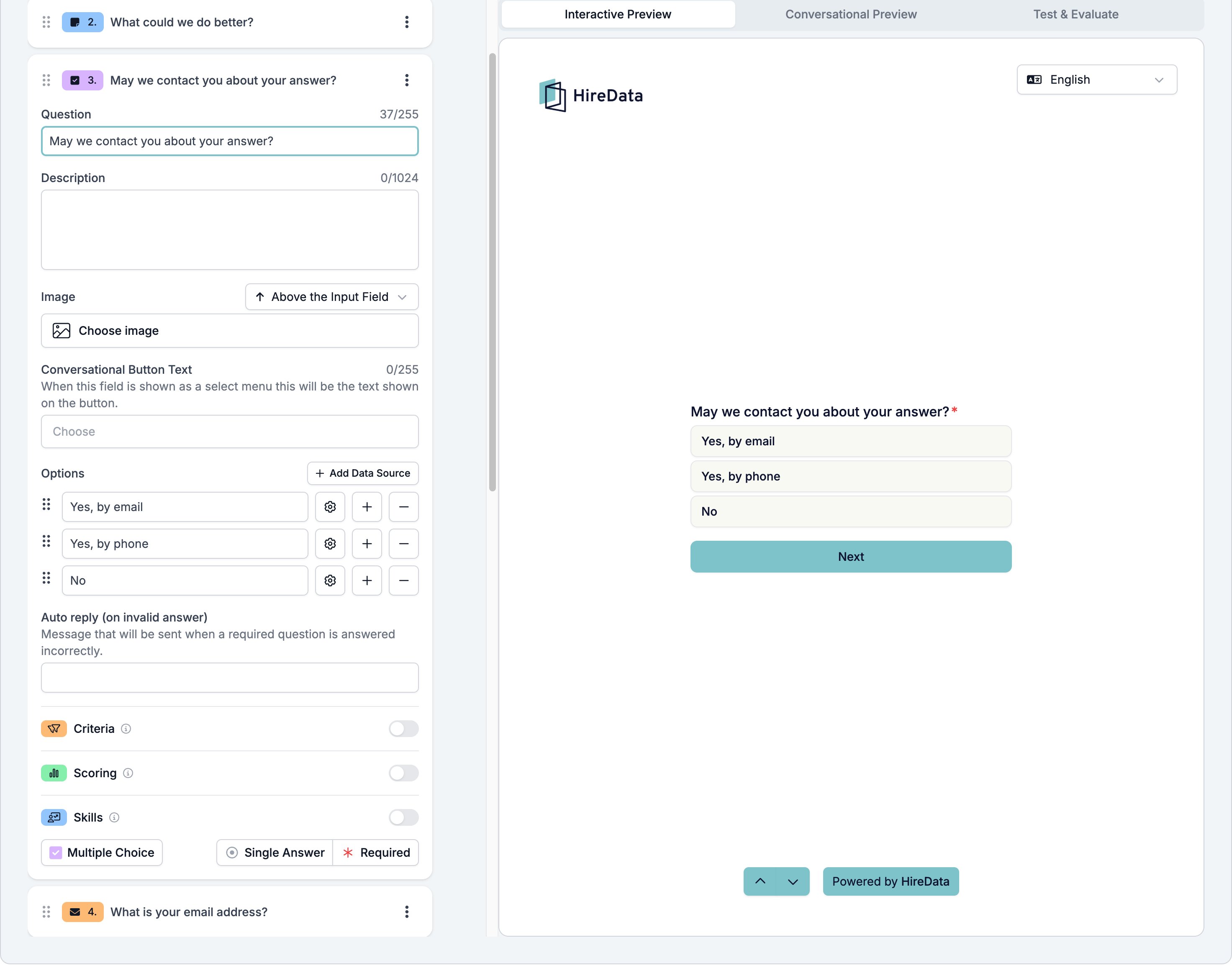 A Multiple Choice field card showing Question, Description, Image, Conversational Button Text, the Options list with Add Data Source, the auto reply on invalid answer, the three evaluator switches, and a footer reading Multiple Choice, Single Answer, and Required, beside a preview listing the three options