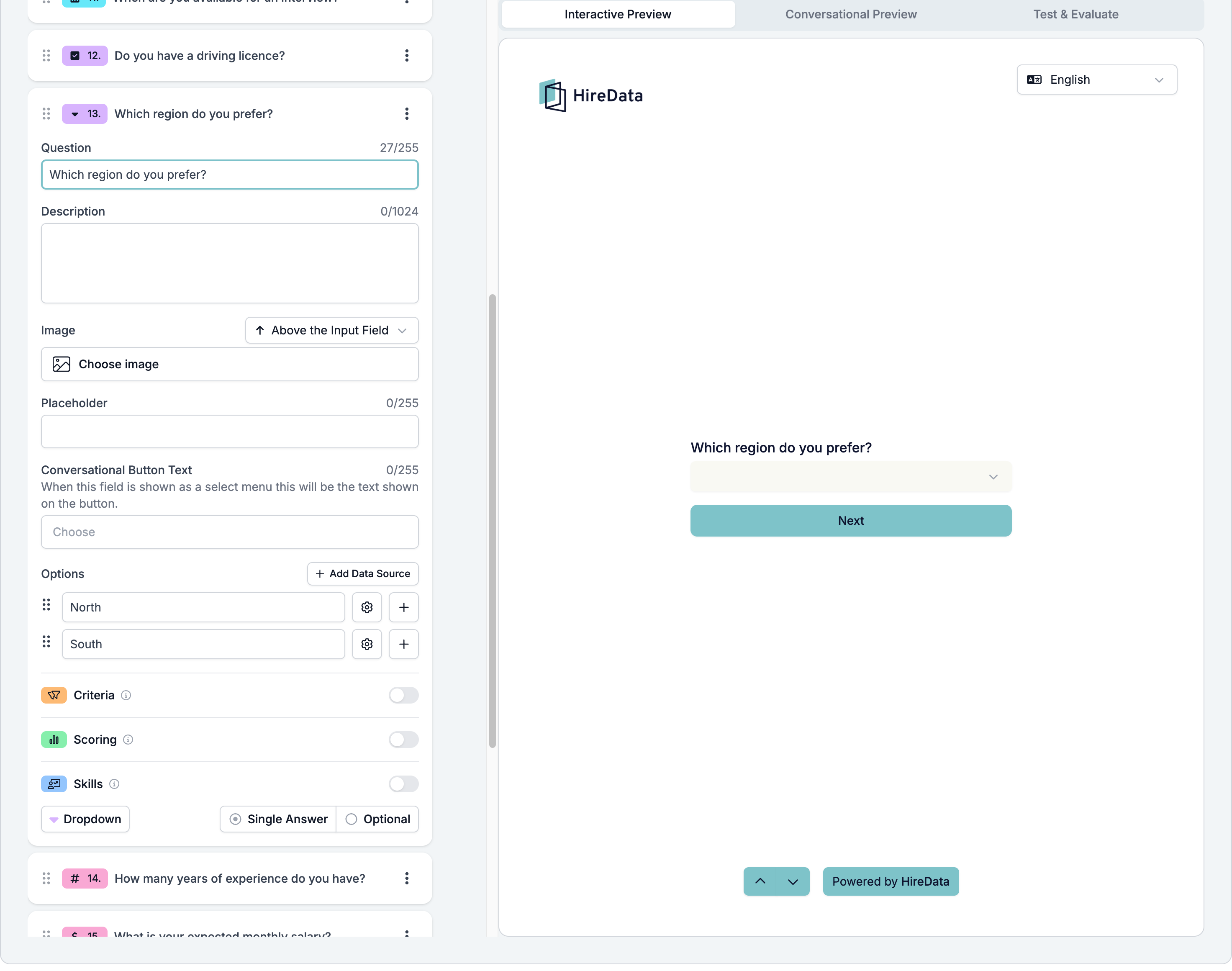 A Dropdown field card with a Placeholder setting above Conversational Button Text and a footer reading Dropdown, Single Answer, and Optional, beside a preview showing a closed menu