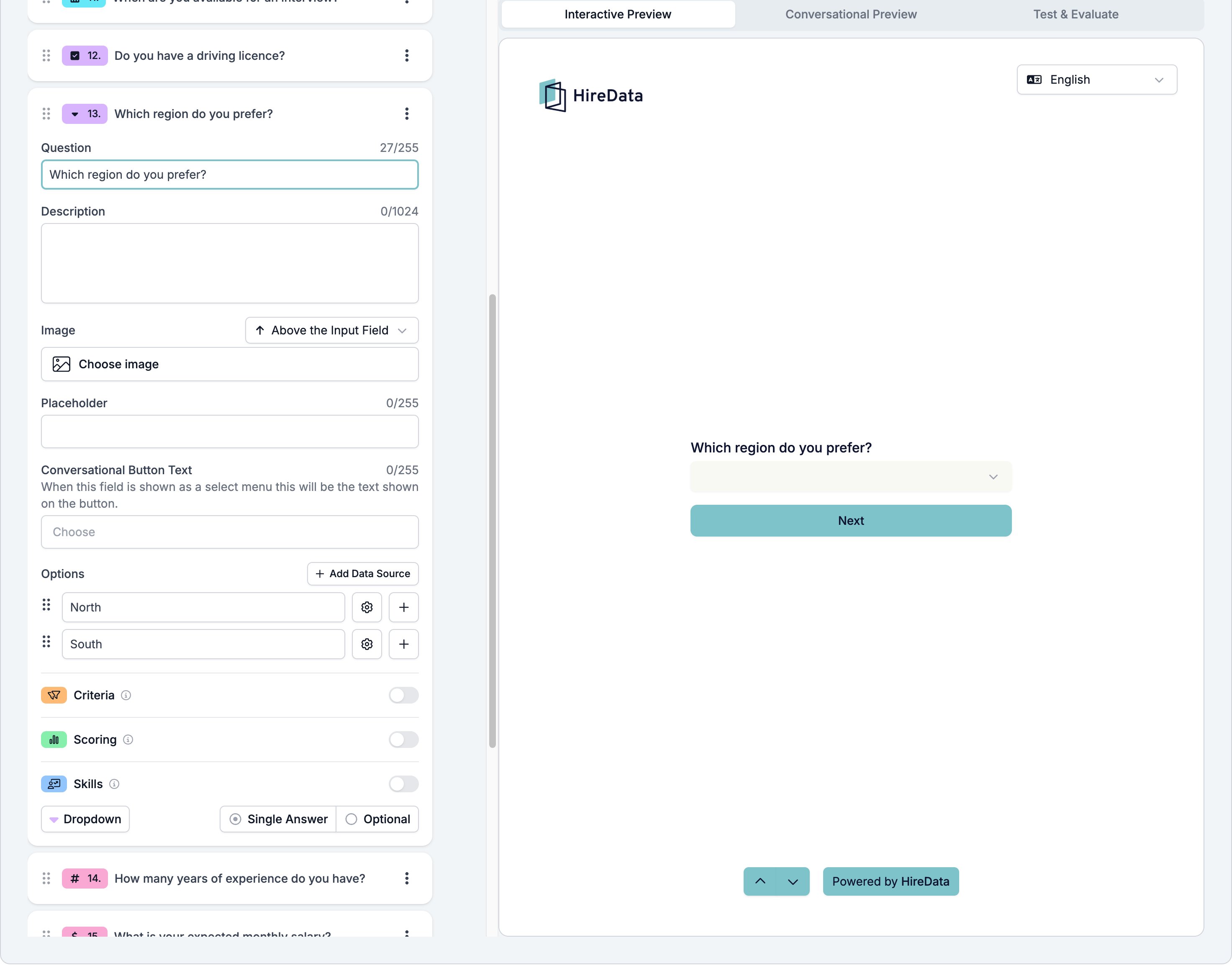 A Dropdown field card with a Placeholder setting above Conversational Button Text and a footer reading Dropdown, Single Answer, and Optional, beside a preview showing a closed menu