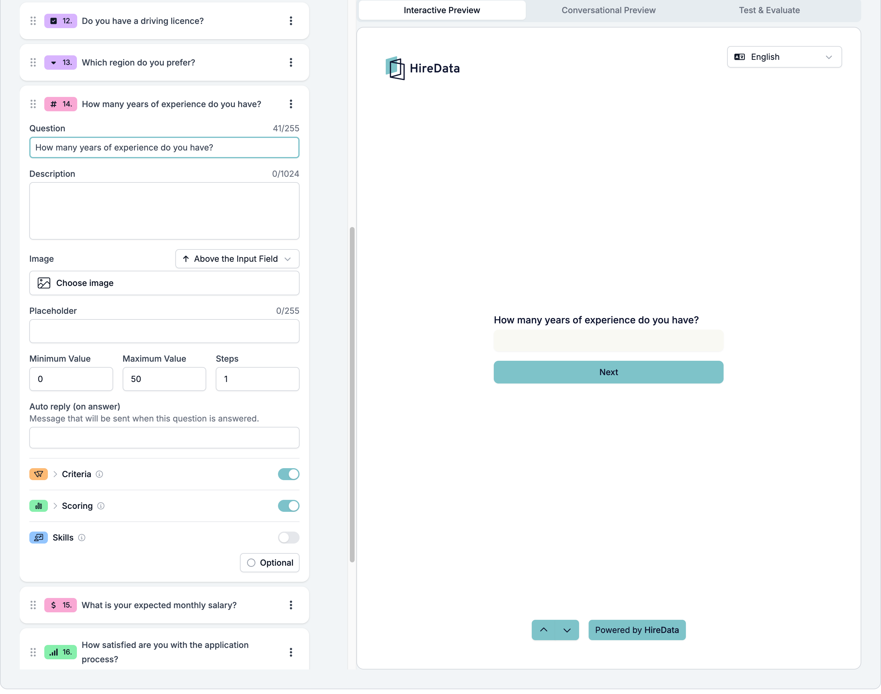 A Number field card showing Question, Description, Image, Placeholder, Minimum Value, Maximum Value, Steps, the auto reply, the three evaluator switches with Criteria and Scoring on, and a footer reading Optional