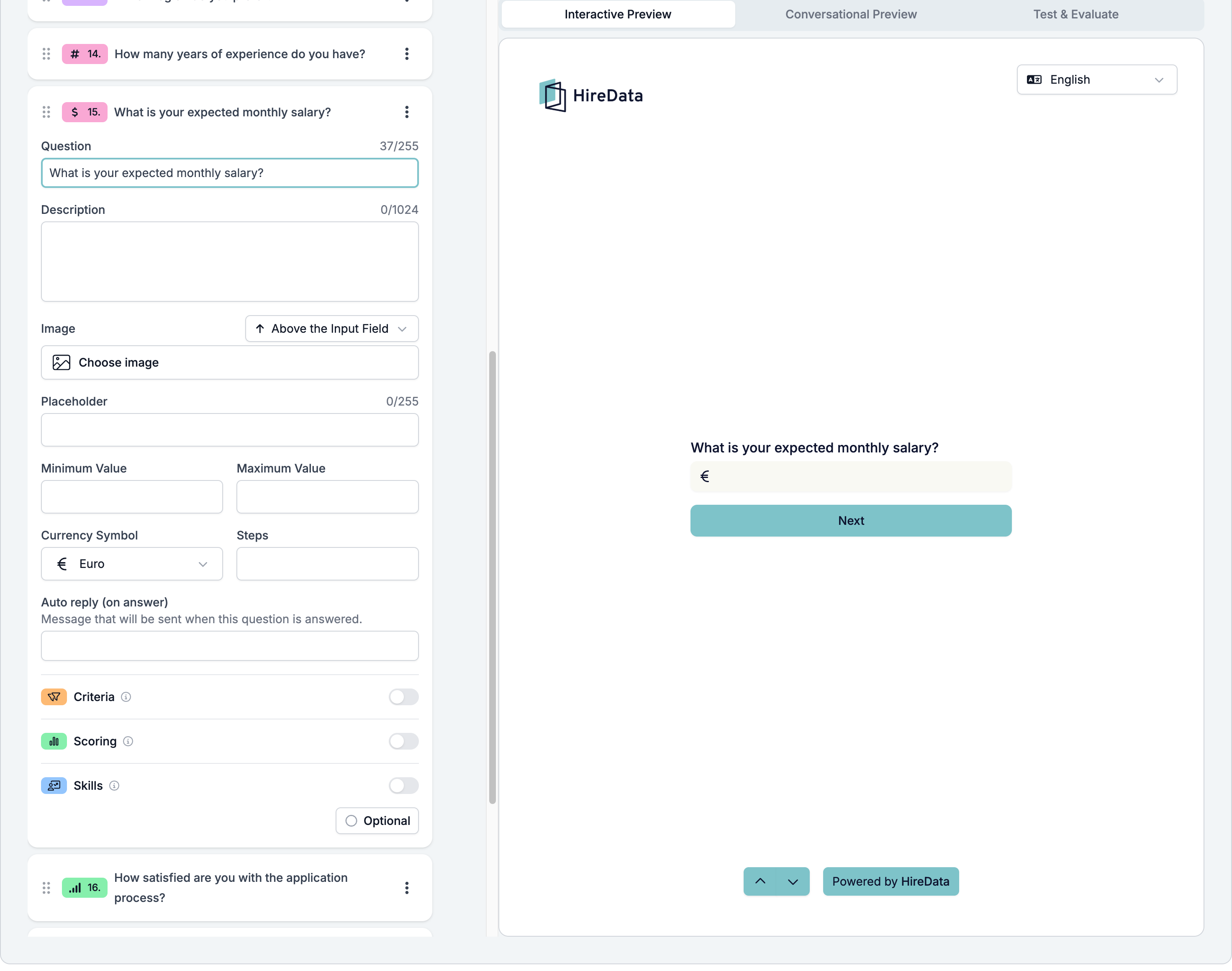 A Currency field card showing Question, Description, Image, Placeholder, Minimum Value, Maximum Value, Currency Symbol set to Euro, Steps, the auto reply, the three evaluator switches, and a footer reading Optional, beside a preview showing an answer box with a euro sign