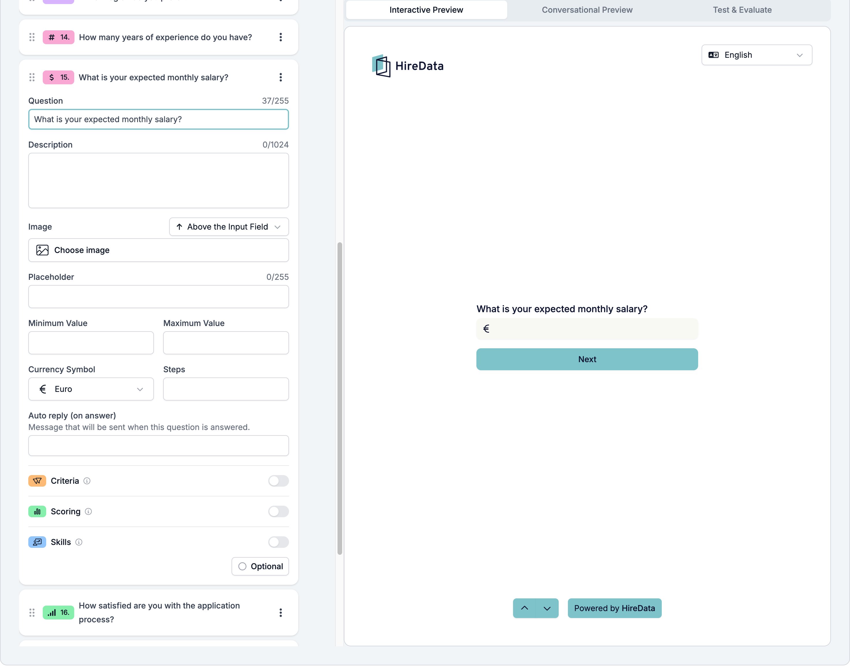 A Currency field card showing Question, Description, Image, Placeholder, Minimum Value, Maximum Value, Currency Symbol set to Euro, Steps, the auto reply, the three evaluator switches, and a footer reading Optional, beside a preview showing an answer box with a euro sign