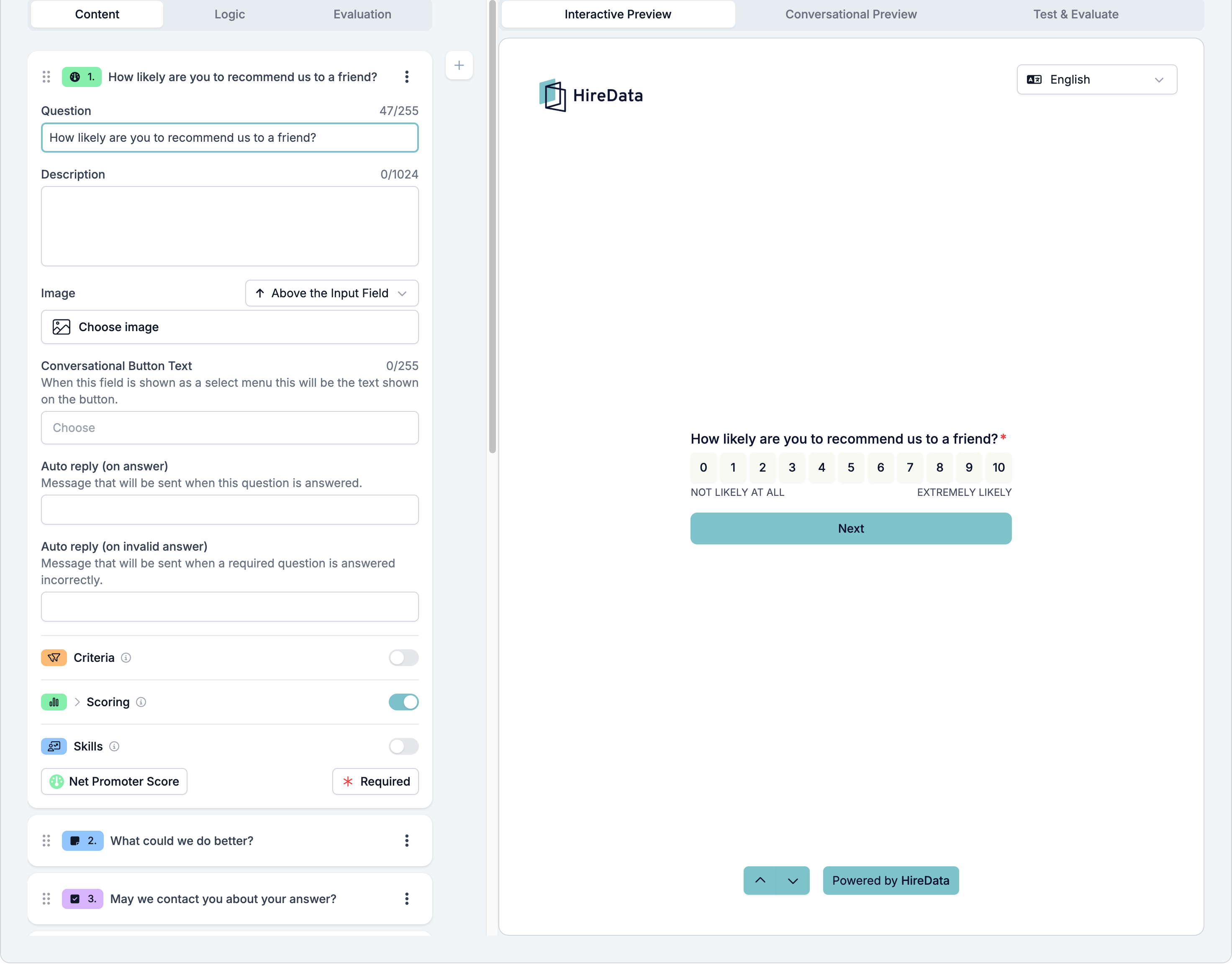 A Net Promoter Score field card showing Question, Description, Image, Conversational Button Text, both auto replies, the three evaluator switches with Scoring on, and a footer reading Net Promoter Score and Required, beside a preview showing the 0 to 10 row with its two end labels