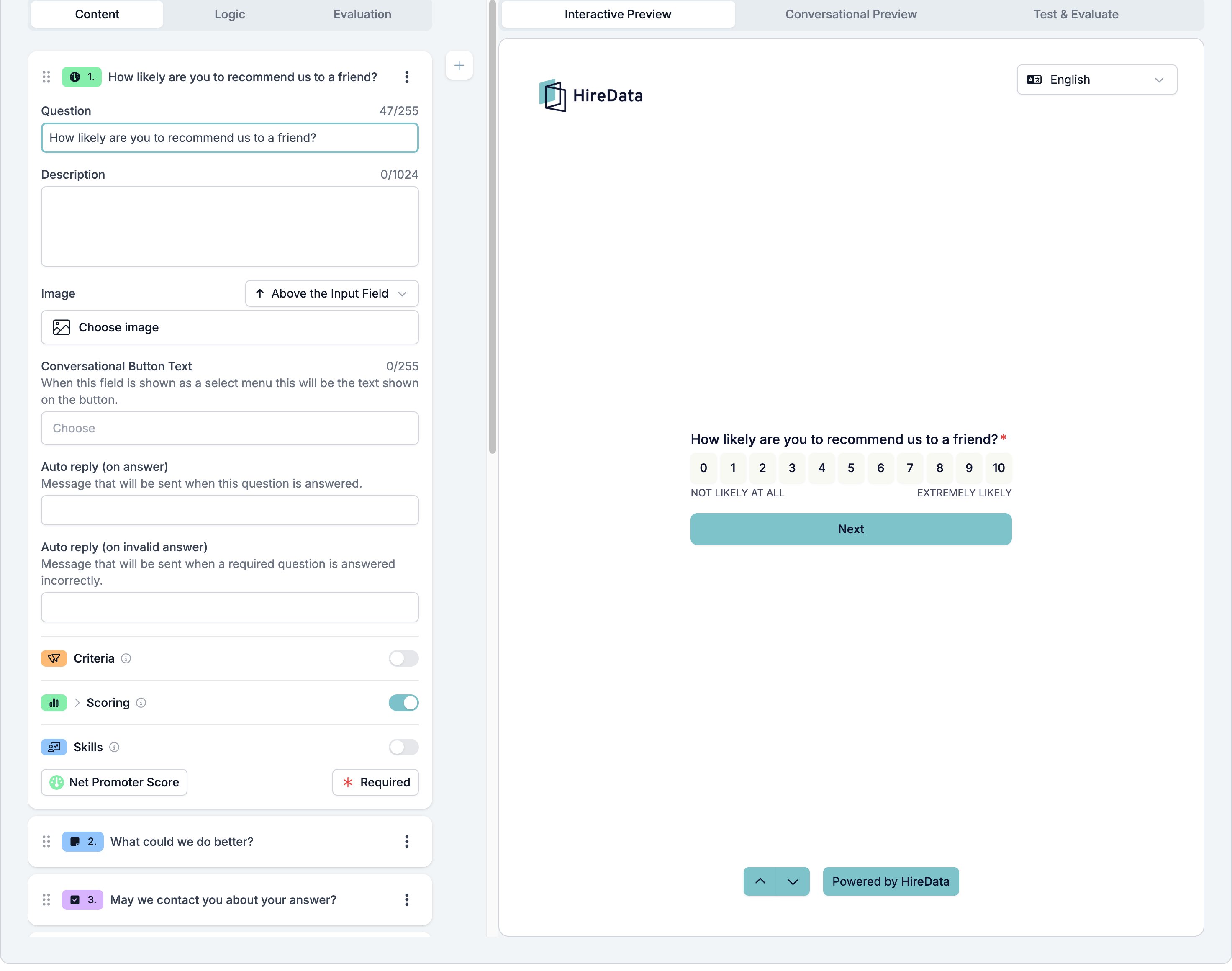 A Net Promoter Score field card showing Question, Description, Image, Conversational Button Text, both auto replies, the three evaluator switches with Scoring on, and a footer reading Net Promoter Score and Required, beside a preview showing the 0 to 10 row with its two end labels