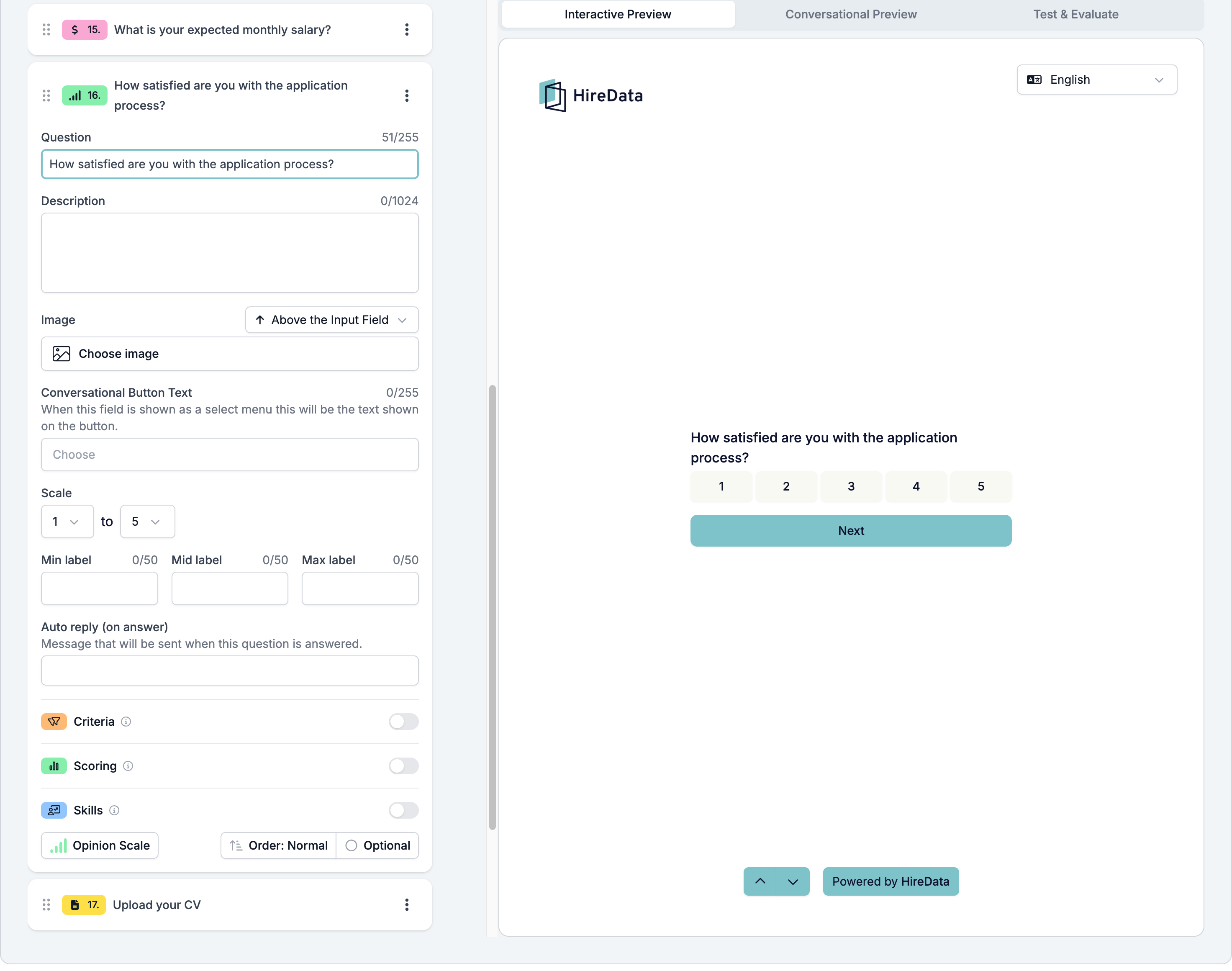 An Opinion Scale field card showing Scale set from 1 to 5, Min label, Mid label, and Max label, and a footer reading Opinion Scale, Order: Normal, and Optional, beside a preview showing a 1 to 5 row
