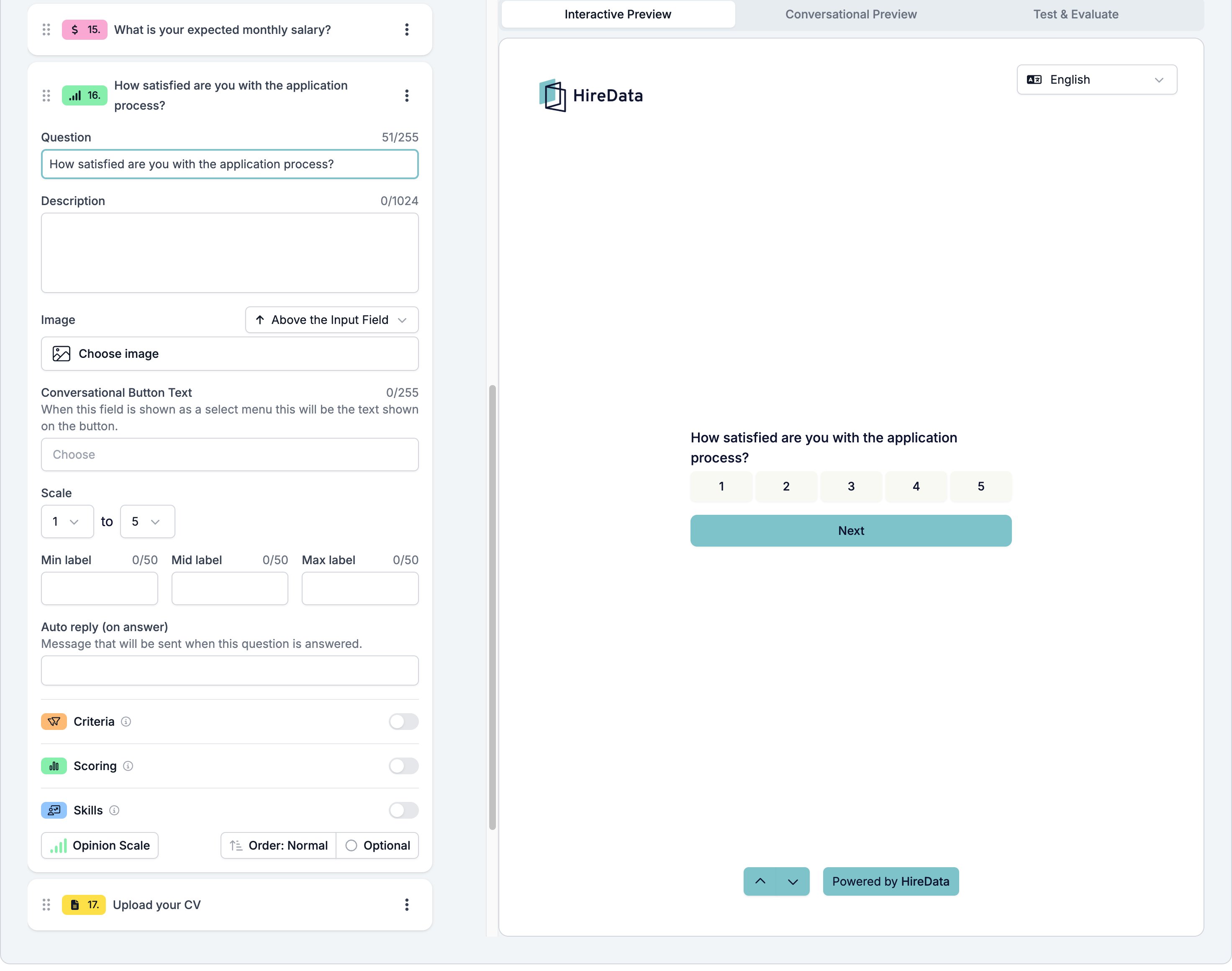 An Opinion Scale field card showing Scale set from 1 to 5, Min label, Mid label, and Max label, and a footer reading Opinion Scale, Order: Normal, and Optional, beside a preview showing a 1 to 5 row