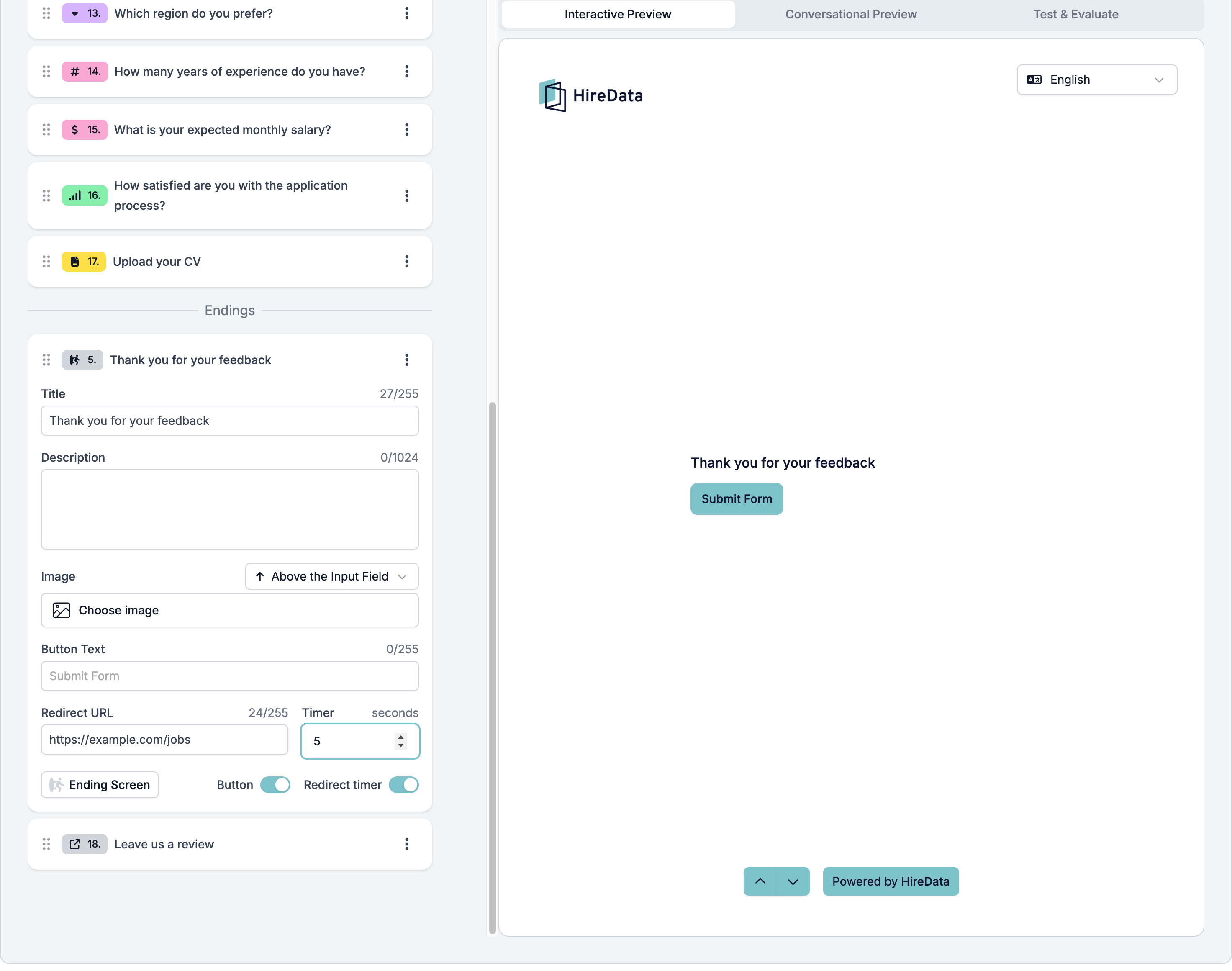 An Ending Screen card showing Title, Description, Image, Button Text, Redirect URL, a Timer in seconds, and a footer with the Button and Redirect timer switches both on, beside a preview showing the title and a Submit Form button