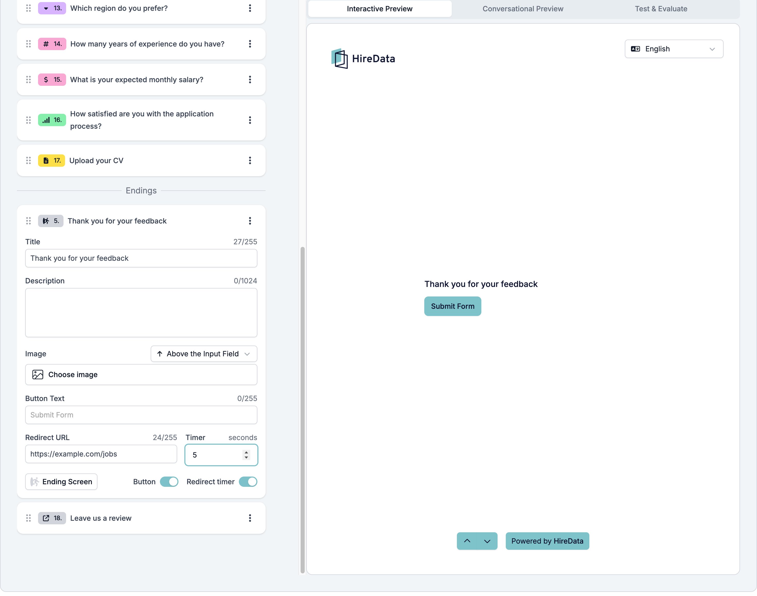 An Ending Screen card showing Title, Description, Image, Button Text, Redirect URL, a Timer in seconds, and a footer with the Button and Redirect timer switches both on, beside a preview showing the title and a Submit Form button