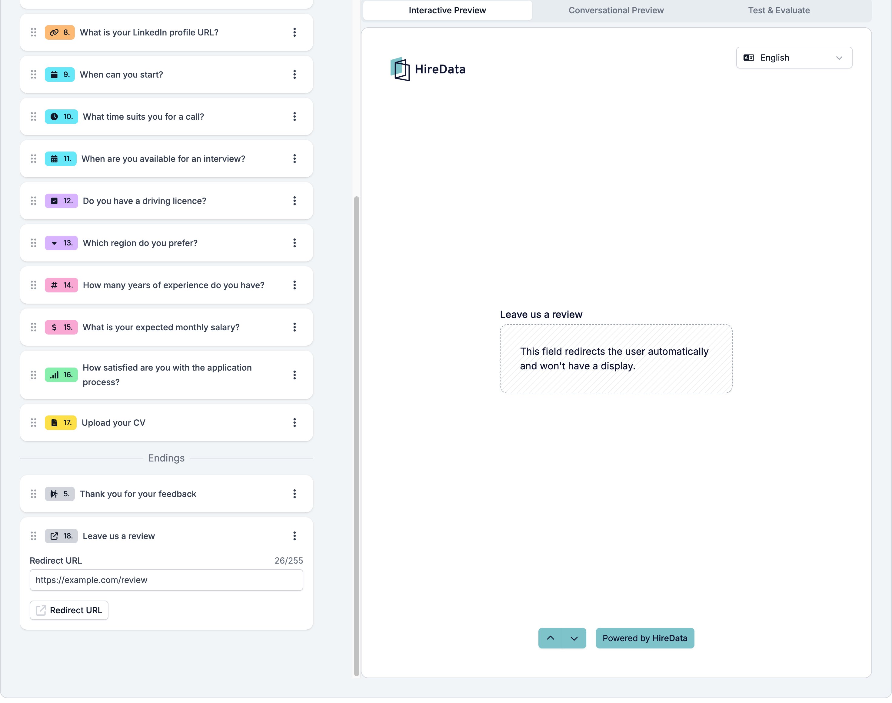 A Redirect URL card holding a single Redirect URL box and a footer reading Redirect URL, beside a preview saying the field redirects the user automatically and will not have a display