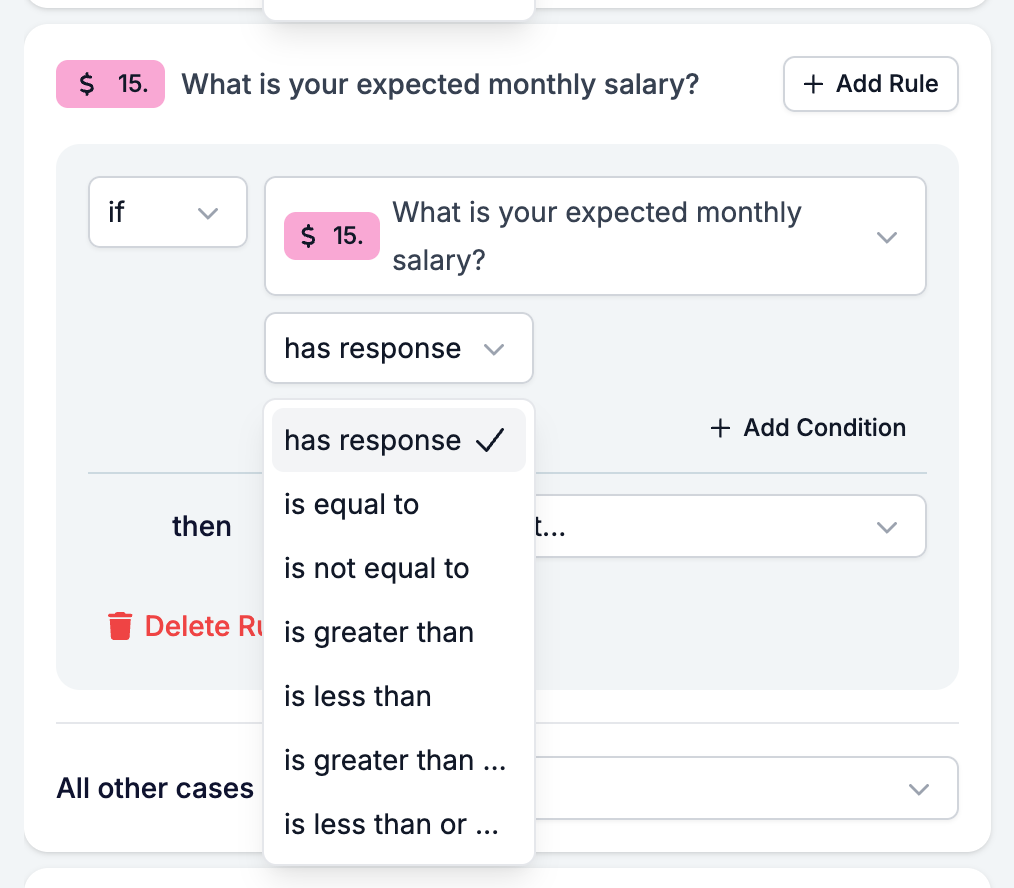 The Logic tab with the operator picker open on a Currency condition, listing has response, is equal to, is not equal to, and the four comparison operators